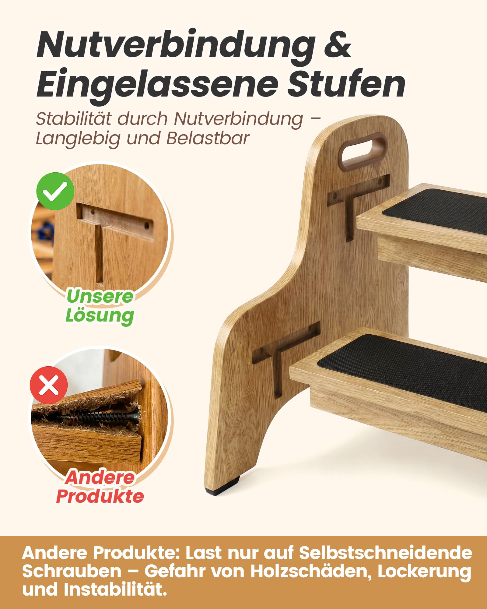 Tritthocker Kinder aus Holz – extra stabil & rutschfest, Anti-Rutsch Stufen, sichere Rundkanten, Fester Halt – ideal für Bad, Toilette & Küche