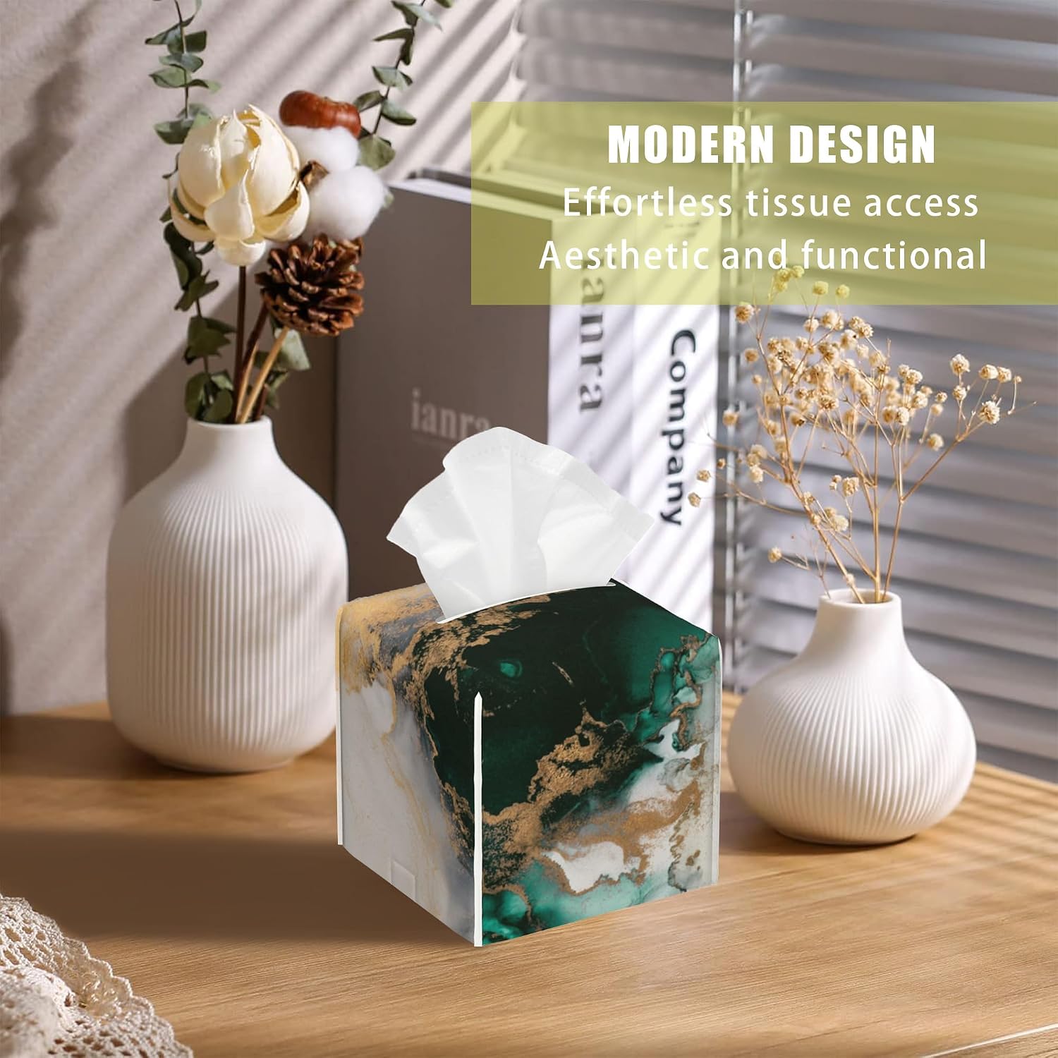 Square Tissue Box Cover Teal and Gold Marble Tissue Box Holder Facial Cube Paper Dispenser Leather Decorative Organizer Home Office Desk Decor, 5.2"x5.2"x5.2" image 5