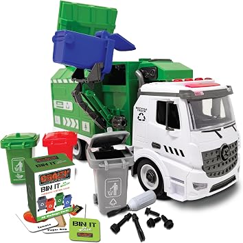 Crazy Truck 116 Scale Recycling Garbage Truck Toy with Lights & Sounds, 4 Recycle Cans, 40 Flash Cards, Tools DIY Take-Apart for Kids Realistic Mechanical Arm for Lift & Dump Trash Play