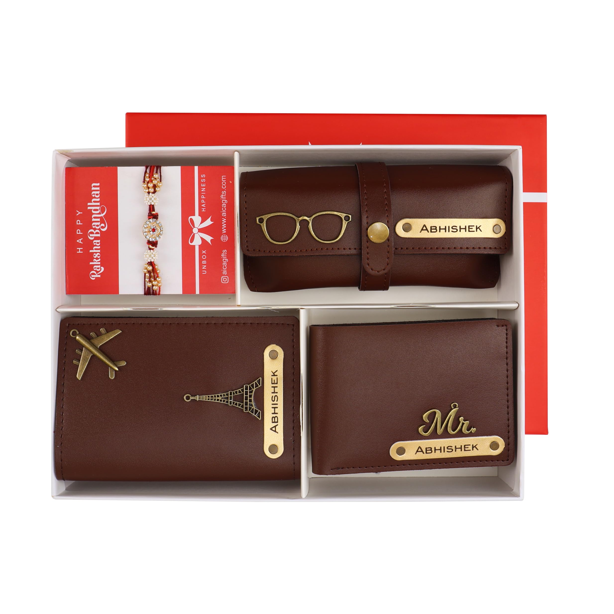 AICA Personalized Name Leather Mens Wallet Rakhi Combo (Dark Brown) | Rakhi Set for Brother | Rakhi Hamper for Brother | Rakshabandhan Gift for Brother