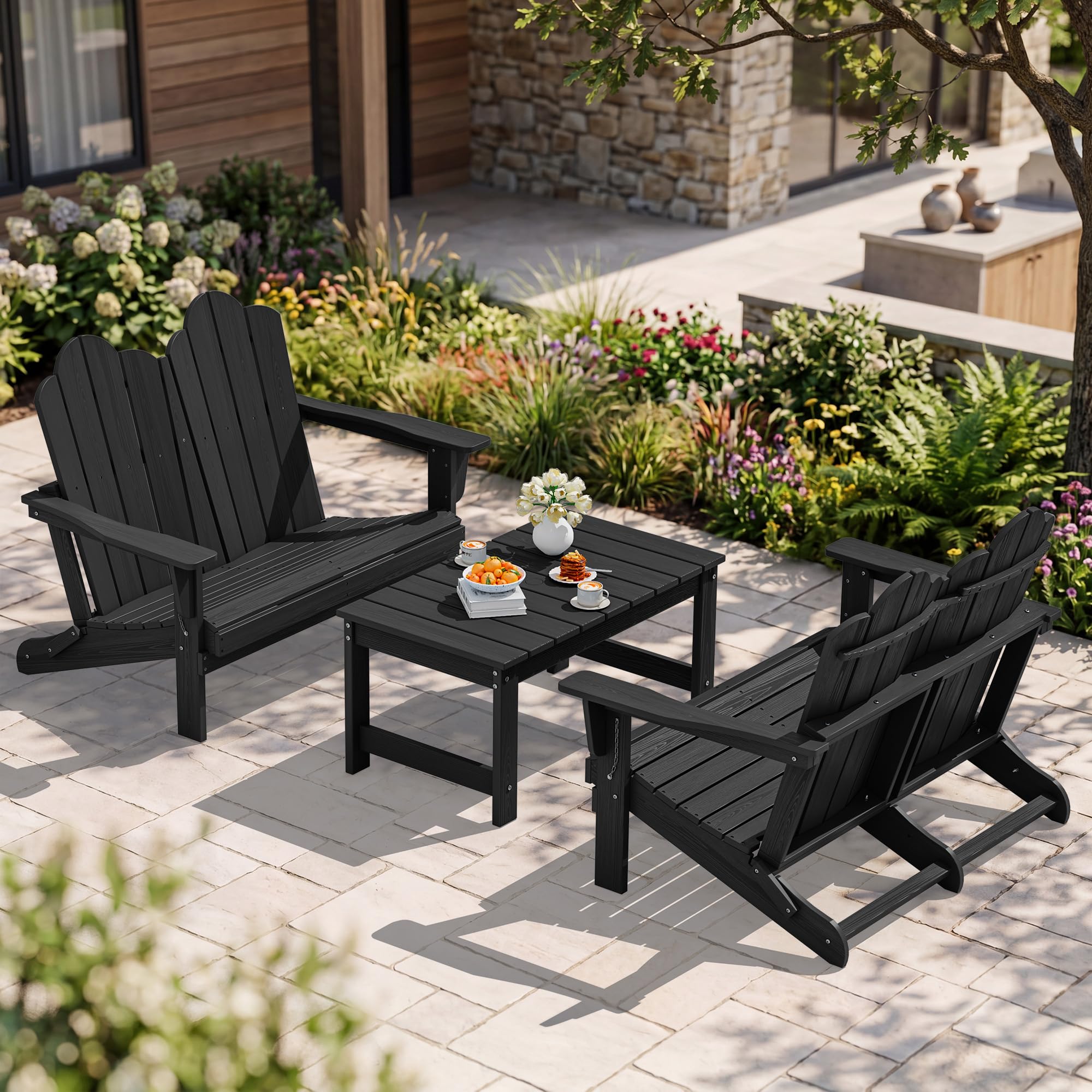 SERWALL 3-Piece Adirondack Bench Set, 2 Benches &amp; 1 Coffee Table, Black