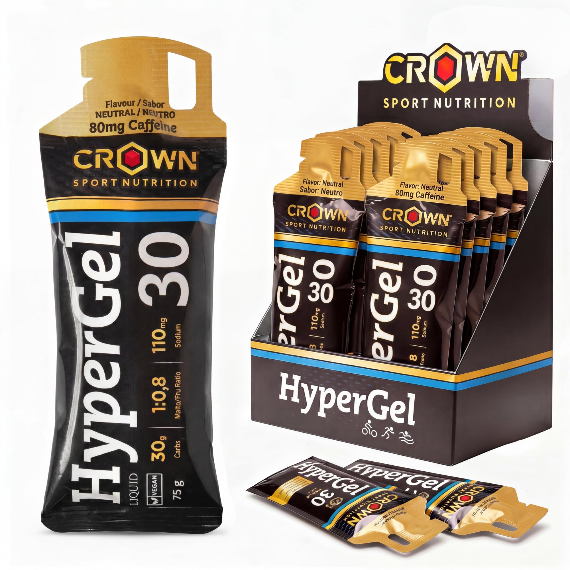 Crown Sport Nutrition HyperGel 30 | Neutro Con Cafeina | Gel Energético Running Ciclismo 30 g Carbohidratos | Ratio 1:0,8 Con Cafeína 80 mg + 110 mg Sodio | Textura Liquida | Sin Aditivos Vegano
