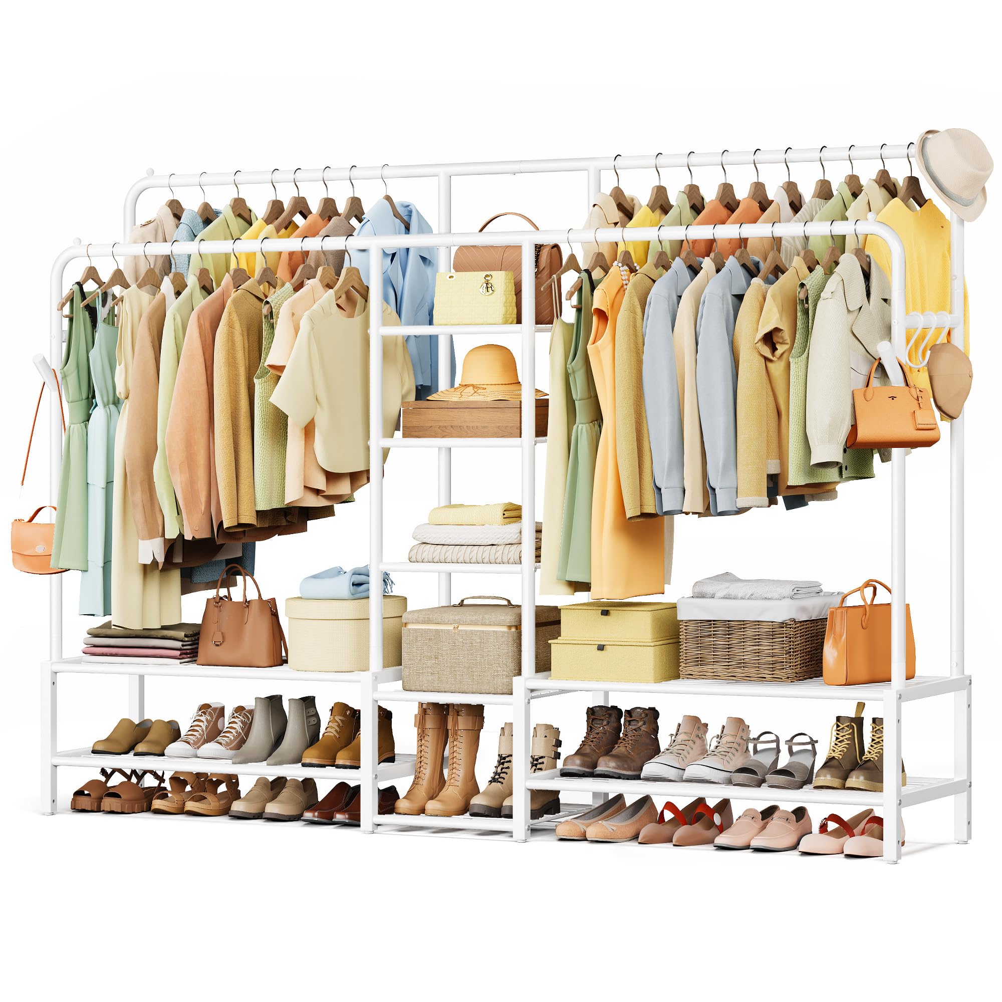 SONGMICS Stand Appendiabiti, Guardaroba Aperto, 9 Ripiani Portaoggetti, Struttura in Metallo, Barre Appendiabiti, Camera da Letto, Soggiorno, Ingresso, Bianco HSR183WG01