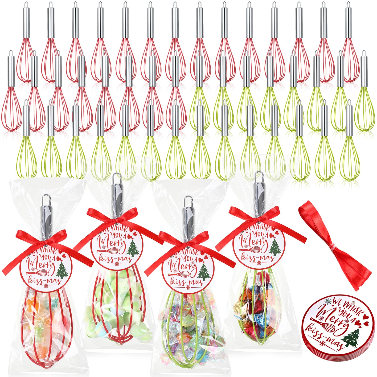 FoldTier 48 Sets 8 Inch Whisks Bulk DIY Fillable Whisk Gifts Colored Silicone Whisks for Cooking Heat Resistant Egg Beaters for Candy Holder Party Favors
