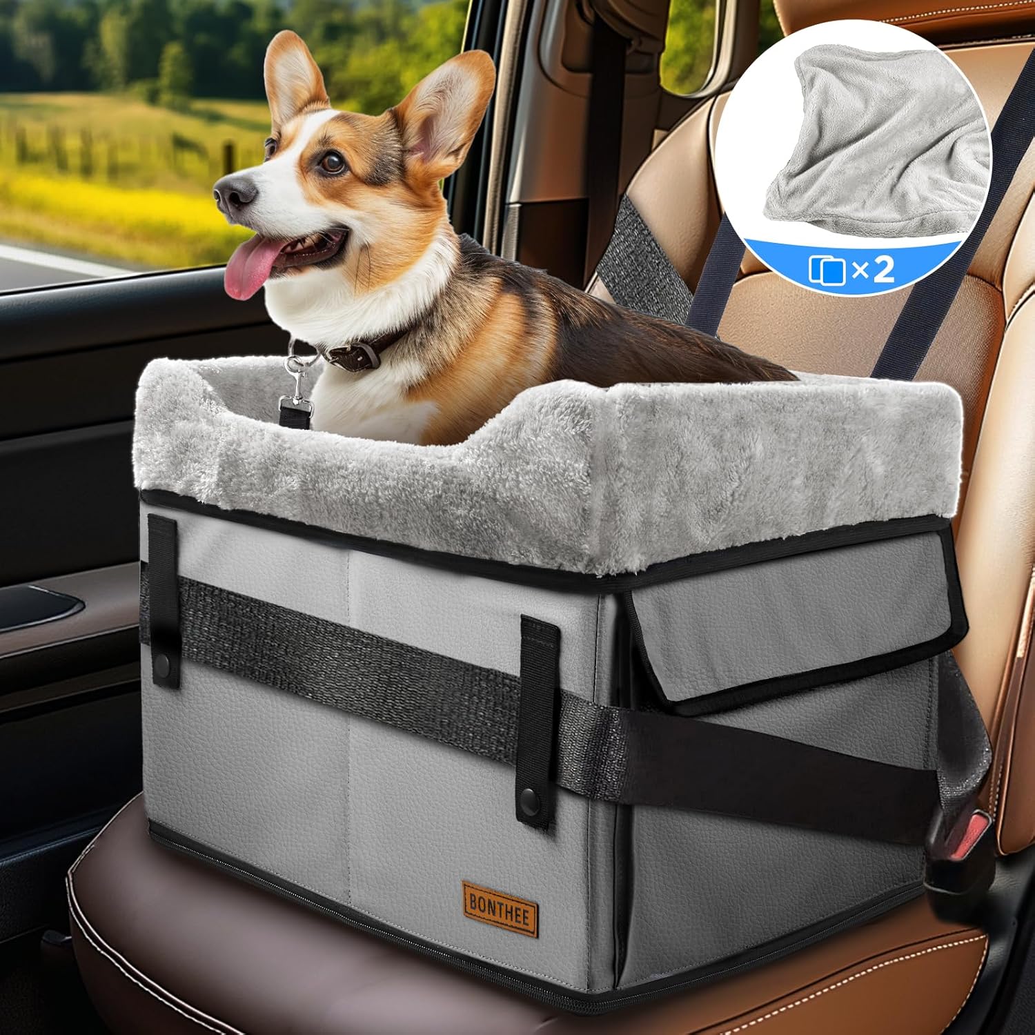 Dog Car Seat for Small Dogs,PU Leather Dog Booster Car Seat for Front and Back Seats with Clip-On Safety Leash Adjustable Straps Puppy Car Seat Washable Perfect for Pets Up to 30lbs Grey Pu Leather