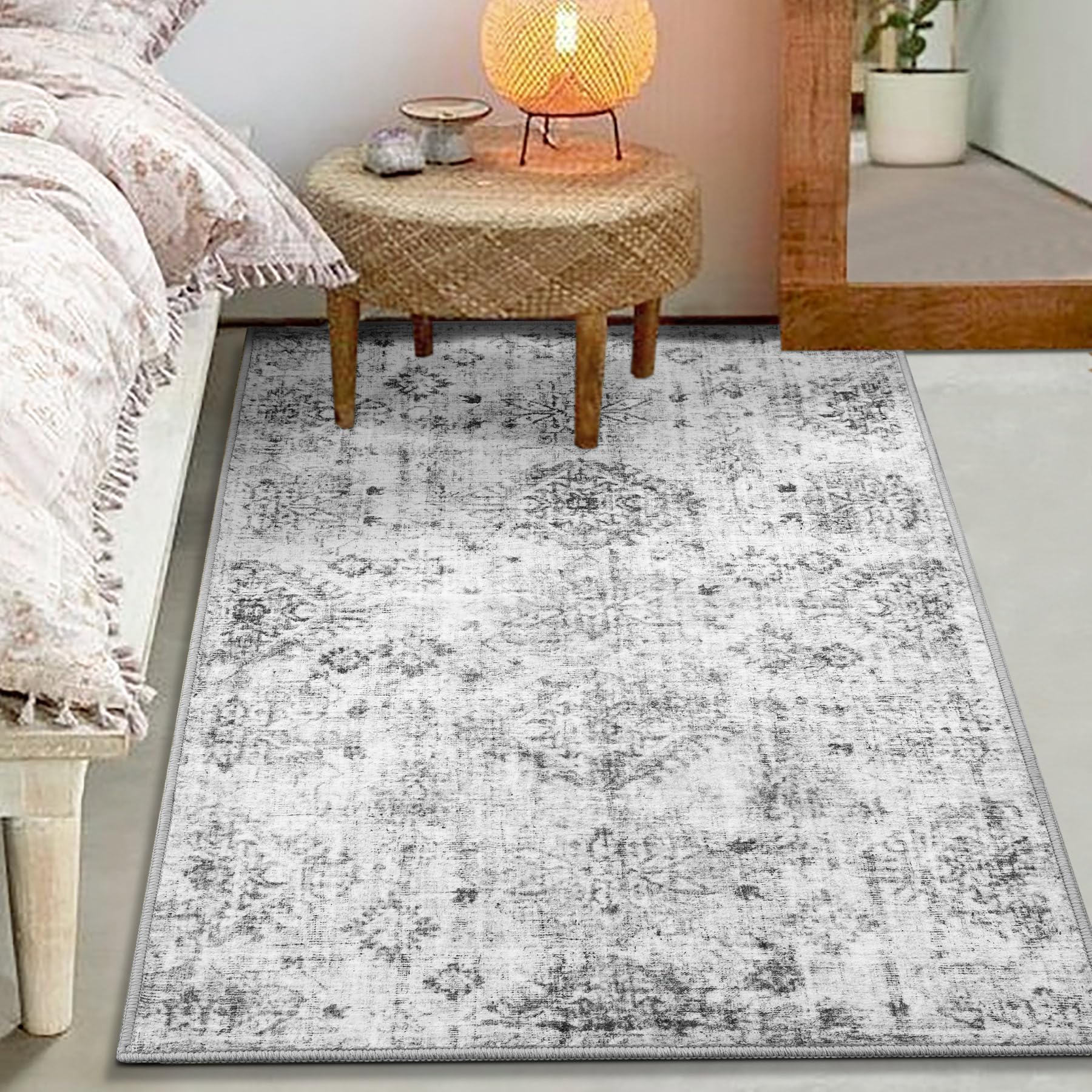 Grey Rug 3’x5’ Washable Area Rugs for Bedroom Living Room Kitchen Entryway Bathroom Boho Small Vintage Aztec Distressed Nursery Laundry Room Gray White Carpet Soft Non Slip SIMILAR