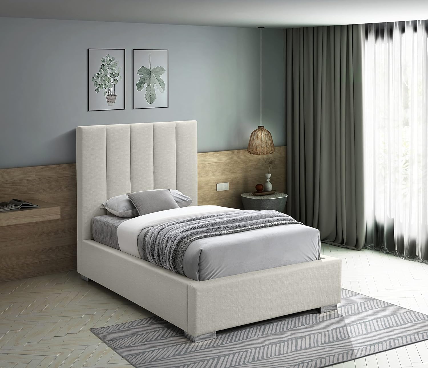 Meridian Furniture PierceBeige-T Pierce Collection Mid-Century Modern Linen Textured Fabric Upholstered Bed with Deep Channel Tufted Headboard, 45.5" W x 83.5" D x 54" H, Beige, Twin