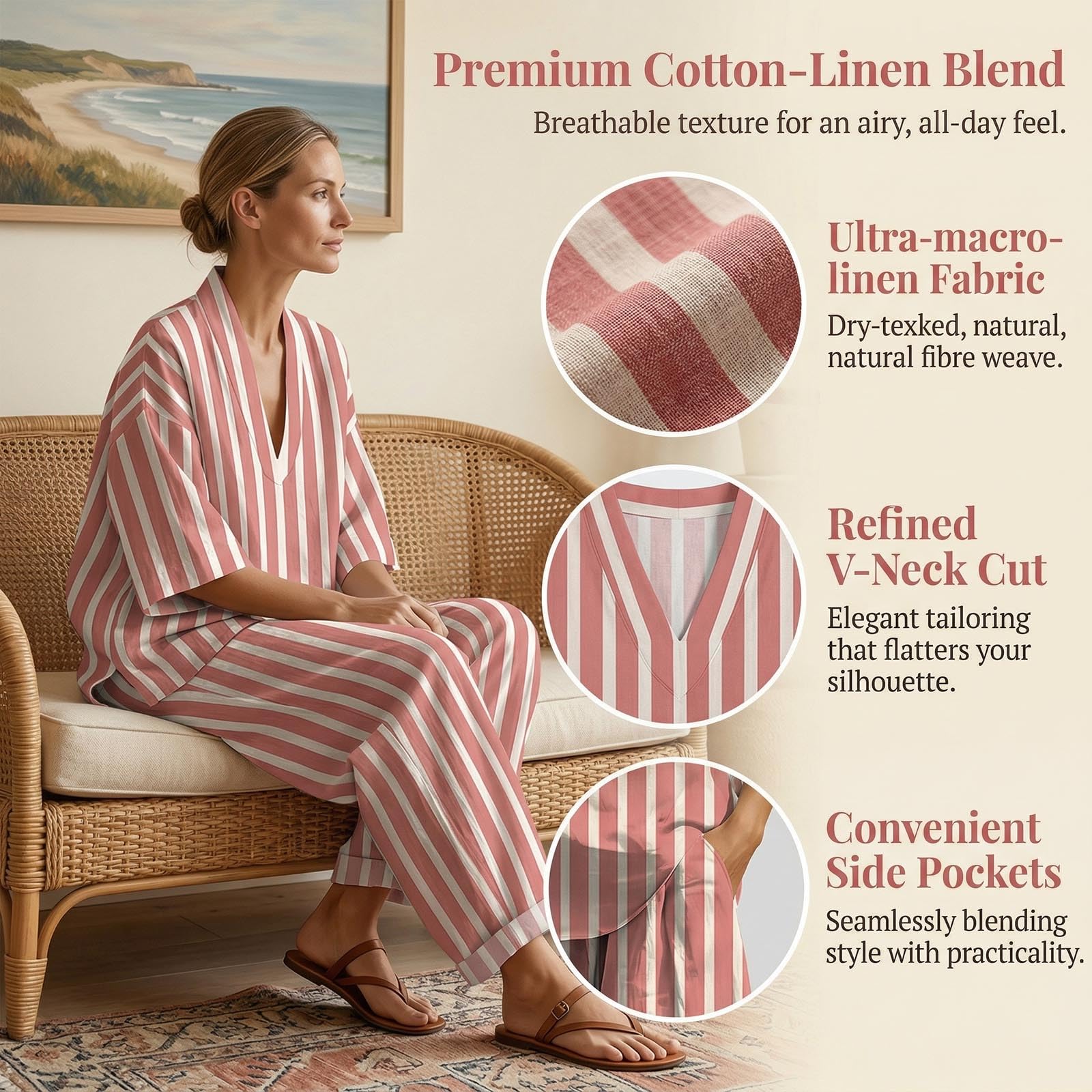 Ensemble Femme Chic et Elegant en Lin Coton - 2 Pièces Décontracté Haut Col en V et Pantalon Large à Imprimé Vetement Femme Été Respirant Leger pour Vacances Loungewear