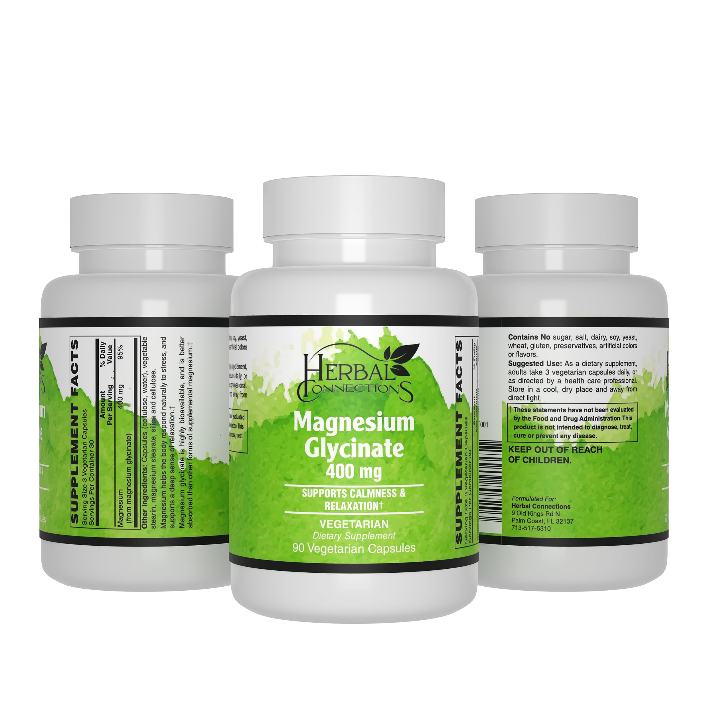 Herbal Connections Magnesium Glycinate 400 mg | Maintain Sugar Level | Boost Heart Health | Strong Bones for Men & Women | | Vegan, Gluten Free & Non-GMO - 90 Capsules