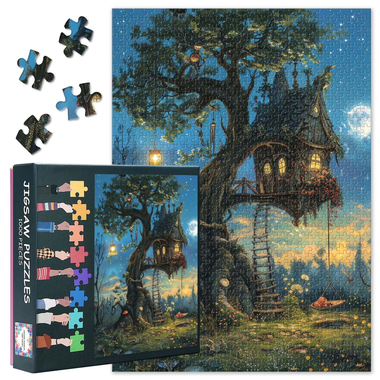 Fantasy Jigsaw Puzzles 1000 Pieces, Fairy Tale House in the Forest at Night Puzzle for Adults 1000 Pieces, Tree House Puzzles