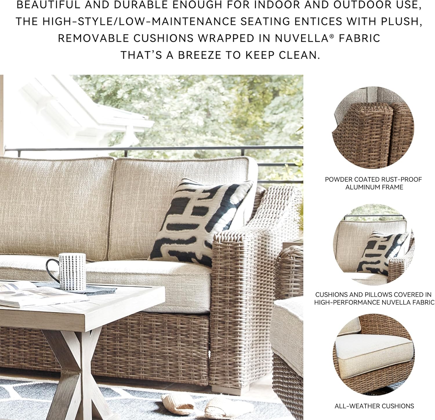 Signature Design by Ashley Beachcroft Outdoor Left & Right Arm Facing Wicker Patio Loveseats, Nuvella Weather Resistant Fabric, Brown & Beige