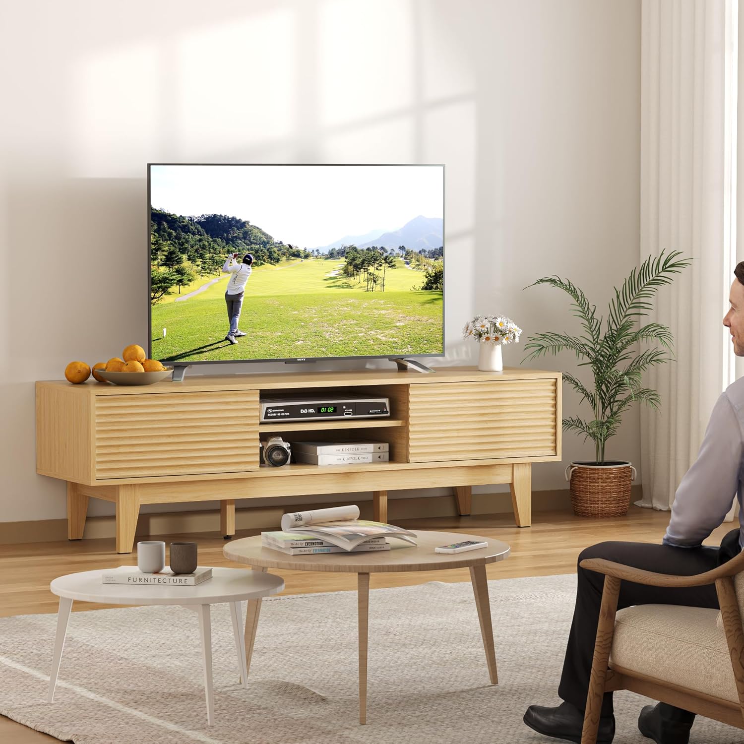 BORNOON TV Stand for 65 Inch TV, Modern Fluted Entertainment Center TV Console with Storage, Sliding Door Media Console, Wood TV Cabinet for Living Room, Bedroom