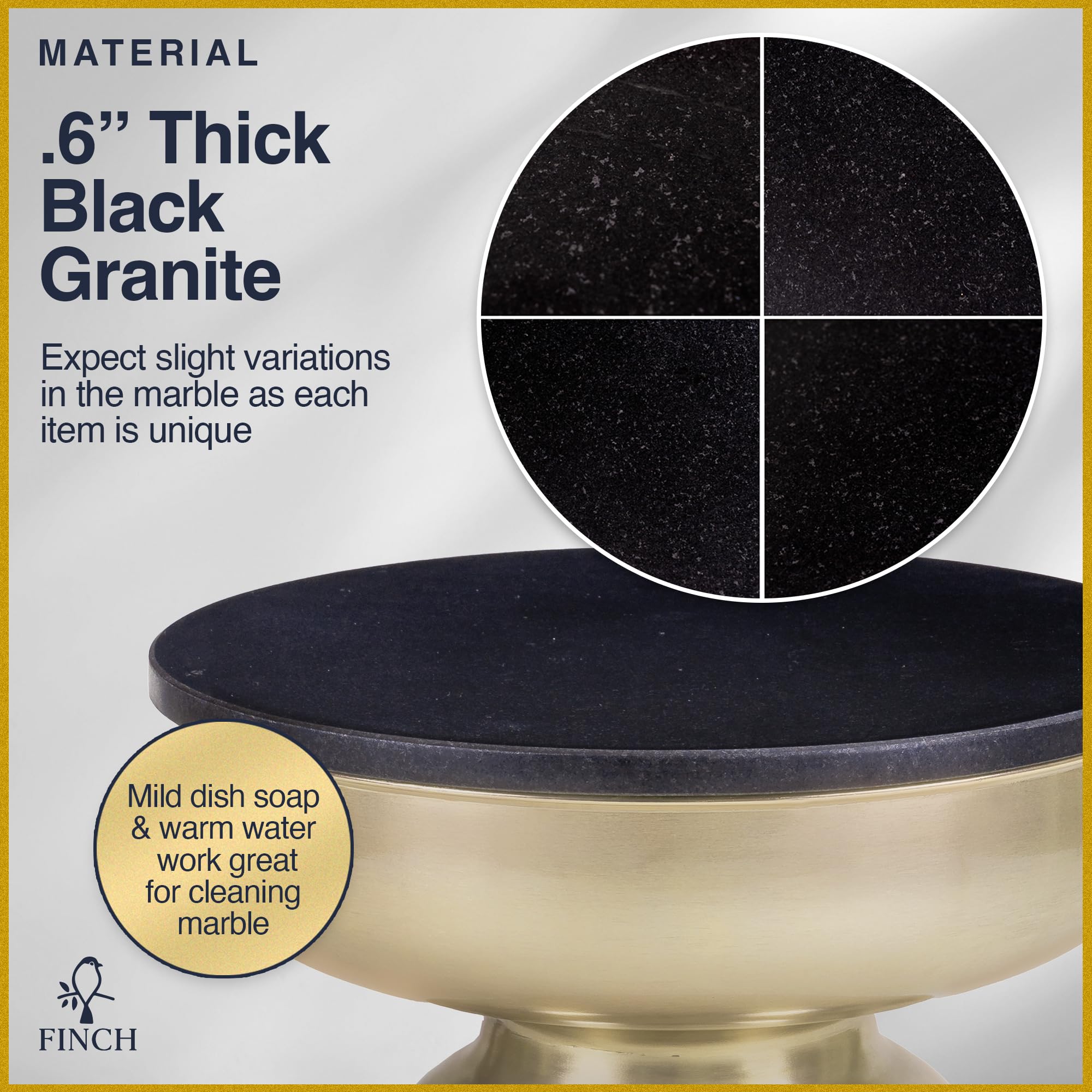 Finch Adler Metal Accent Side Table, 16" Natural Granite Top, Brushed Brass Base, Hourglass Shape, Modern EndTable, BedsideTable or Nightstand for Living Room or Bedroom