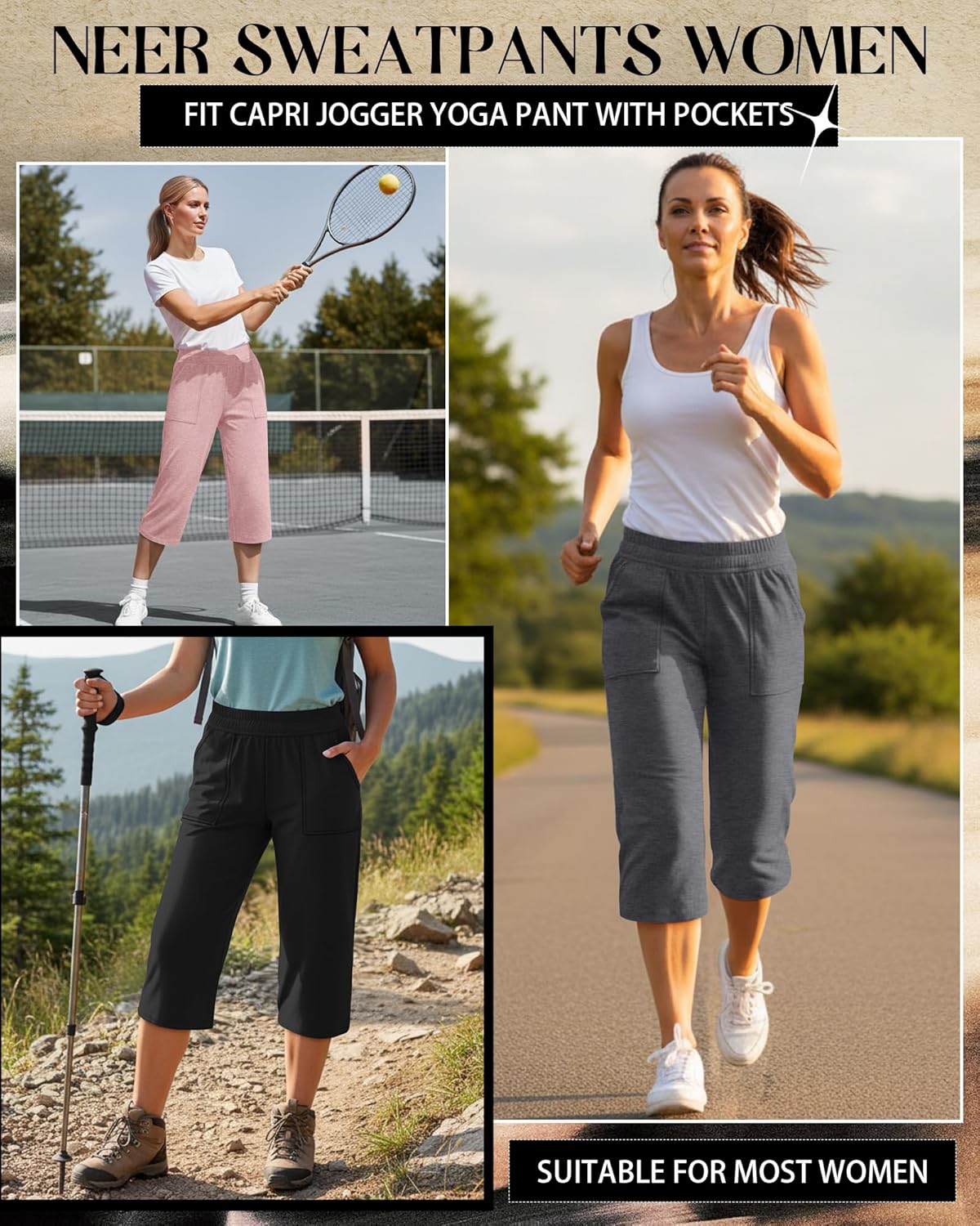 Neer 3 Pack Women's Capris Pants Cotton Wide Leg Sweatpants Lounge Casual Loose Fit Cropped Jogger Yoga Pant with Pockets - Image 5