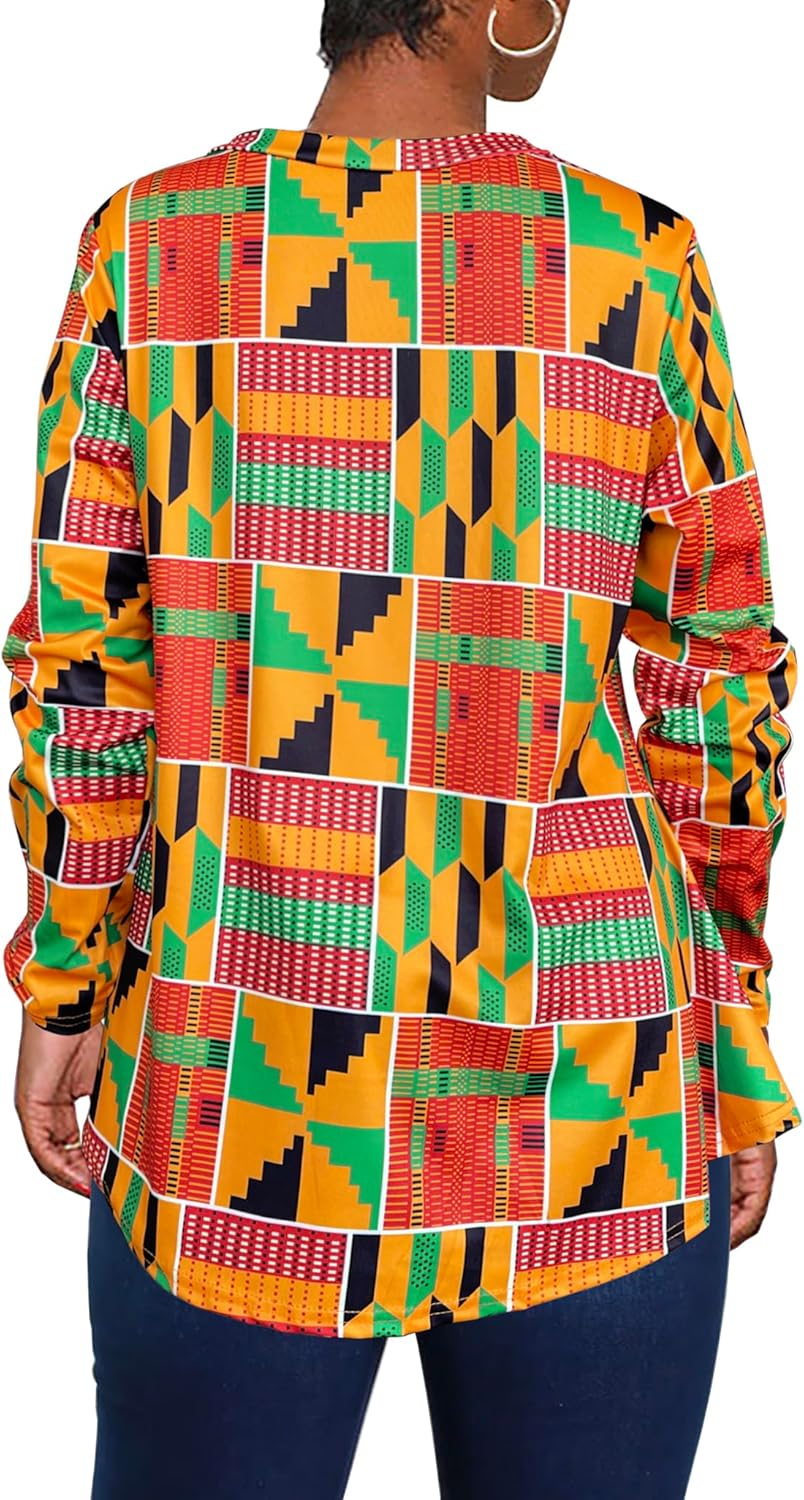 Afibi Dressy Shirts for Women African Dashiki Long Sleeve V Neck Loose Tunic Tops - Image 5