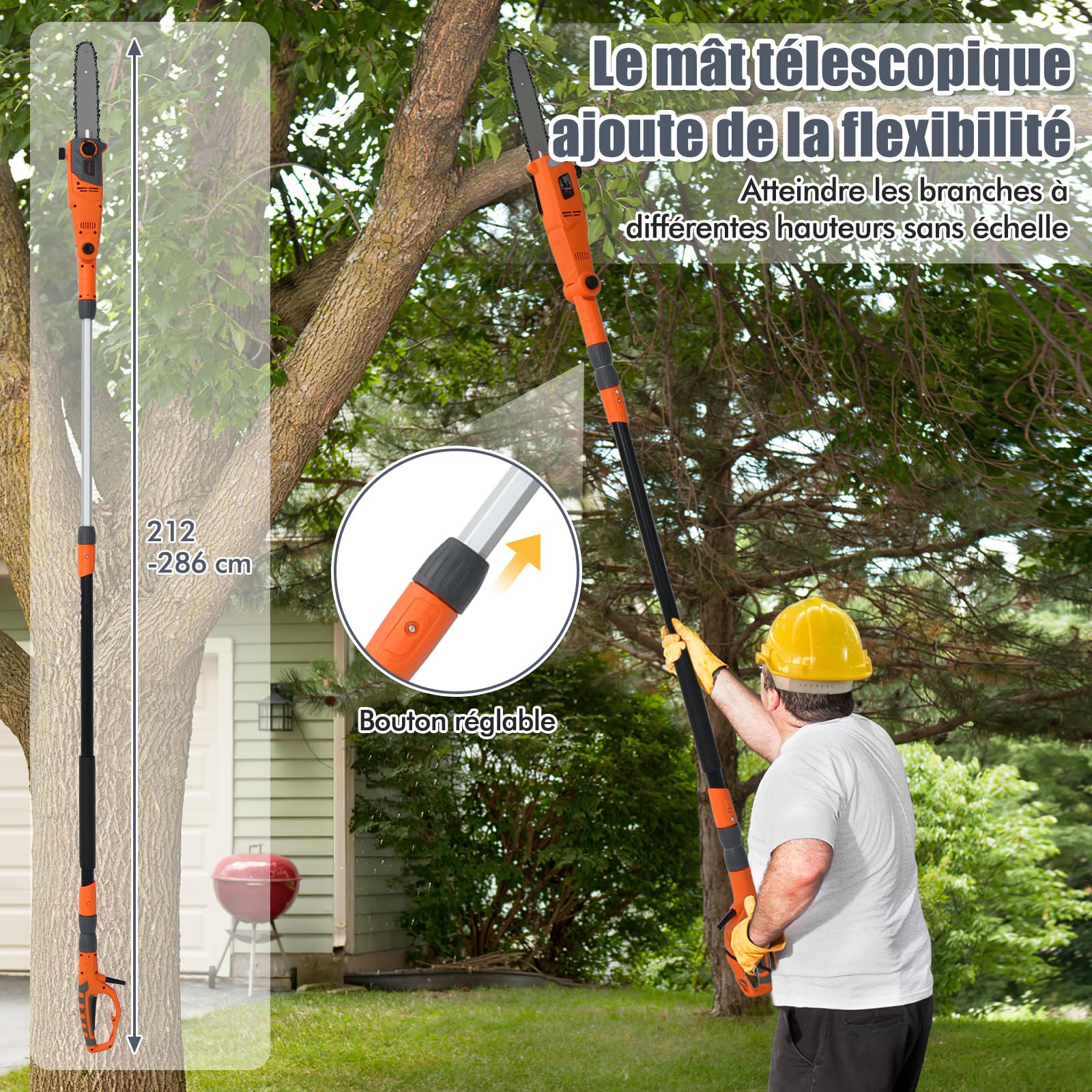 RELAX4LIFE 750W Élagueuse sur perche Téléscopique 212-286CM avec Mini Tronçonneuse Électrique Angle Ajustable -30° à30°, Vitesse 11M/S, Lubrification et Tension Automatique (286cm)