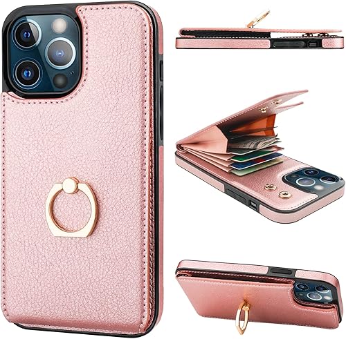 Miniatura 9 de Folosu Funda compatible con iPhone 13 Pro Max con soporte para tarjetas, rotación de 360, soporte de anillo de dedo con función atril, bloqueo RFID,