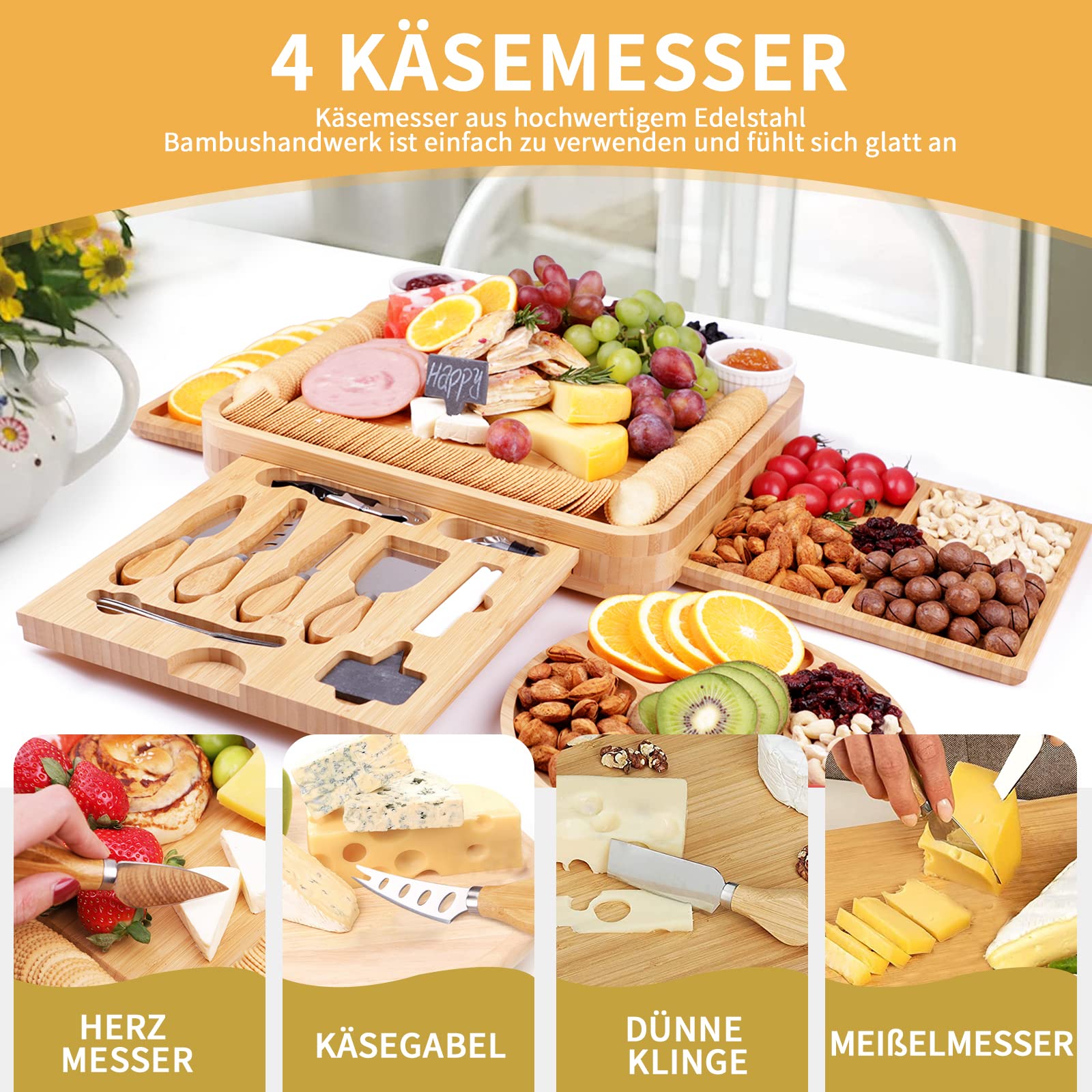 Bambus-Käsebrett, Käsebrett mit Käsemesser-Set, Charcuterie Board,Käsebretter, Servierbrett, für Wein, Cracker, Brie und , Fleisch, Einweihungsgeschenk für Leckereien, Weihnachten, Erntedankfest