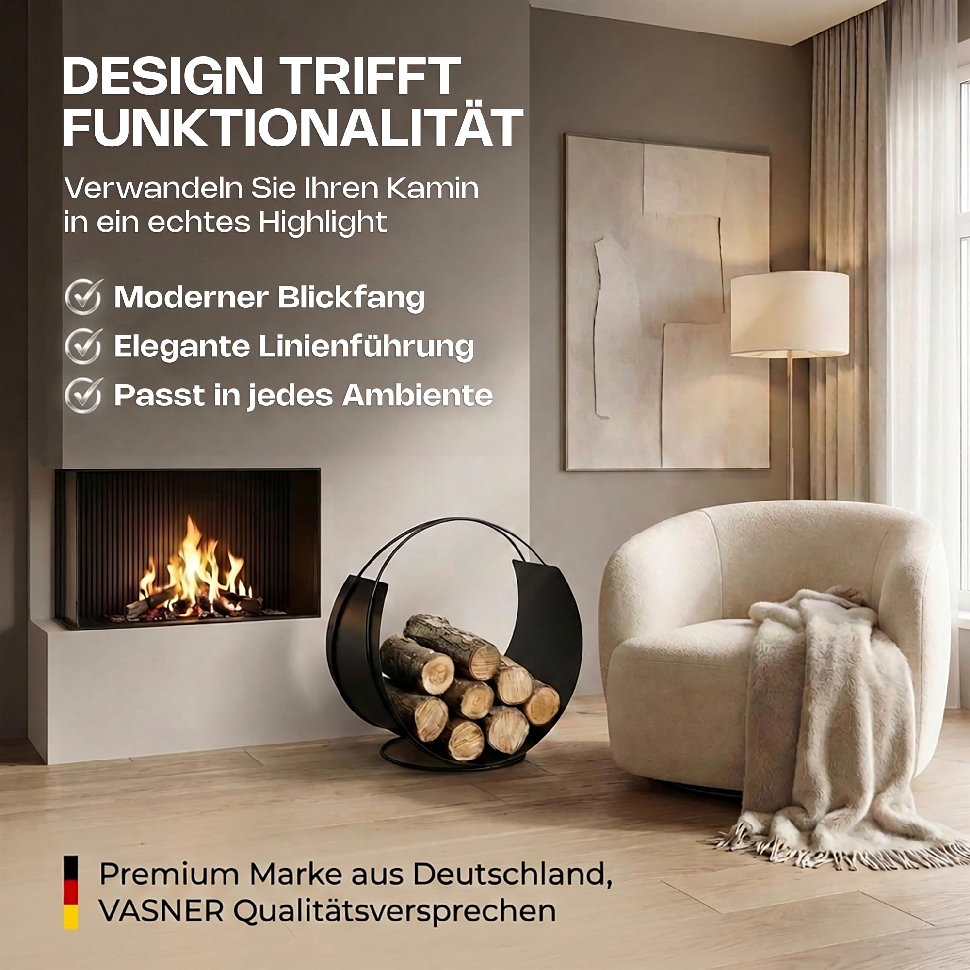 VASNER Situro S1/S2 Holzkorb – Kaminholzkorb Metall rund – Holzkorb für Kaminholz – Kaminholz innen & außen – Feuerholzkorb modern – 58 x 58 x 38 cm - schwarz