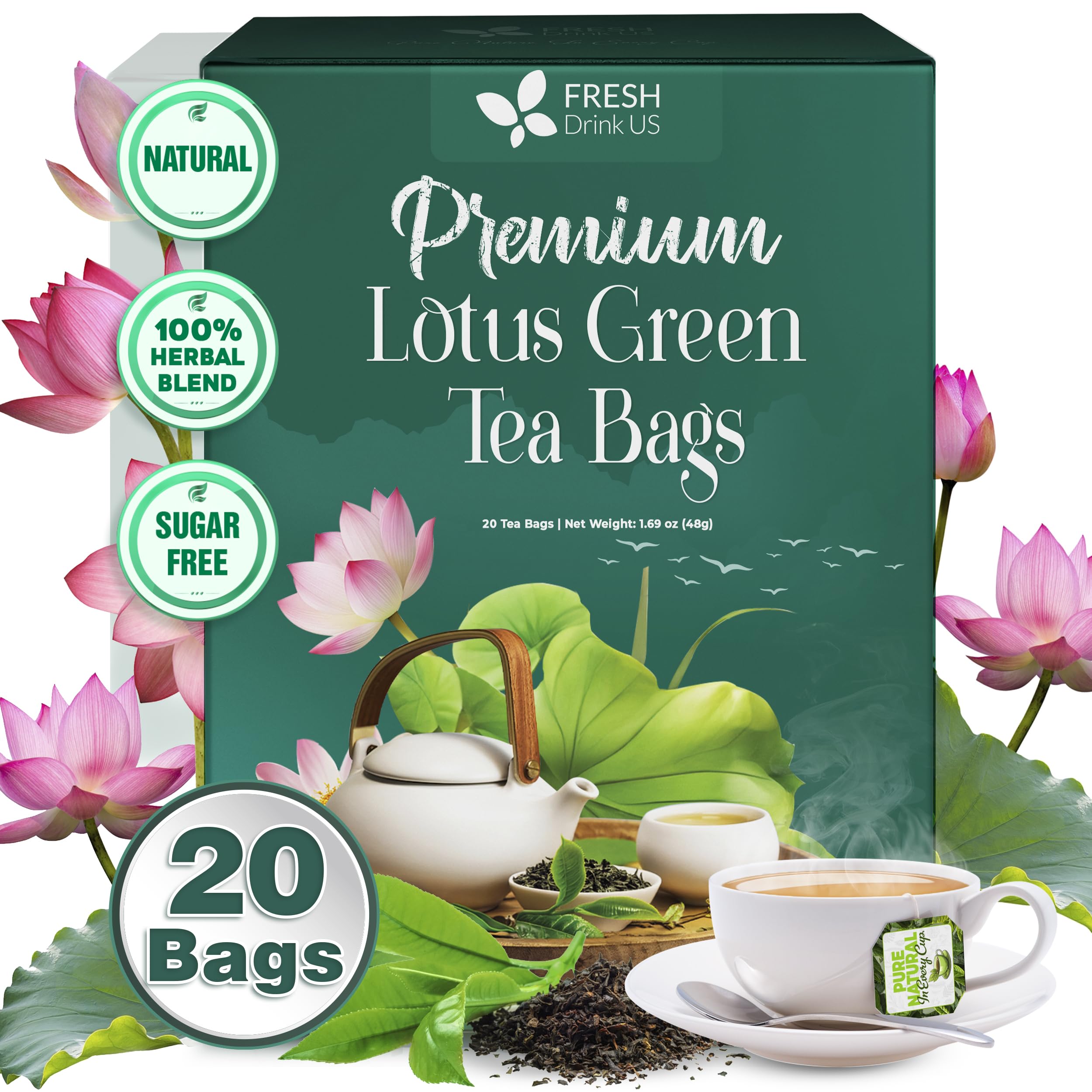 FreshDrinkUS, Premium 20 Tea Bags of Lotus Green Tea, 100% Natural. Exquisite Flavor, Handpicked Leaves, Perfect for Tea Lovers. No Sugar, No Gluten, Vegan.