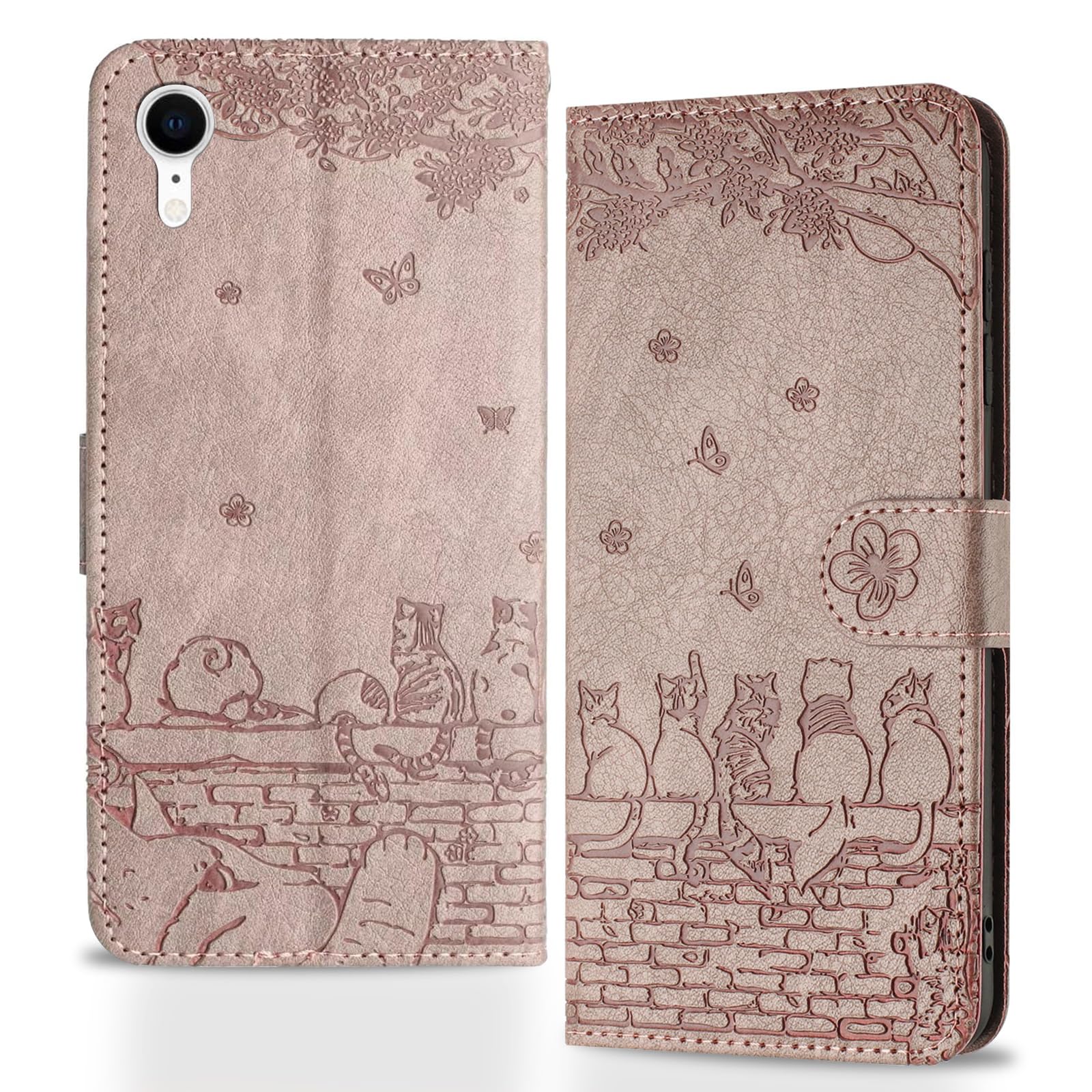 Butnyeoe Handyhülle für iPhone XR,Zaunkatzen Klappbar Hülle,Geprägtes PU Leder Wallet Schutzhülle Tasche Flip Case,Magnetische Klapphülle mit Kartenfach Standfunktion,Rosa-Violett