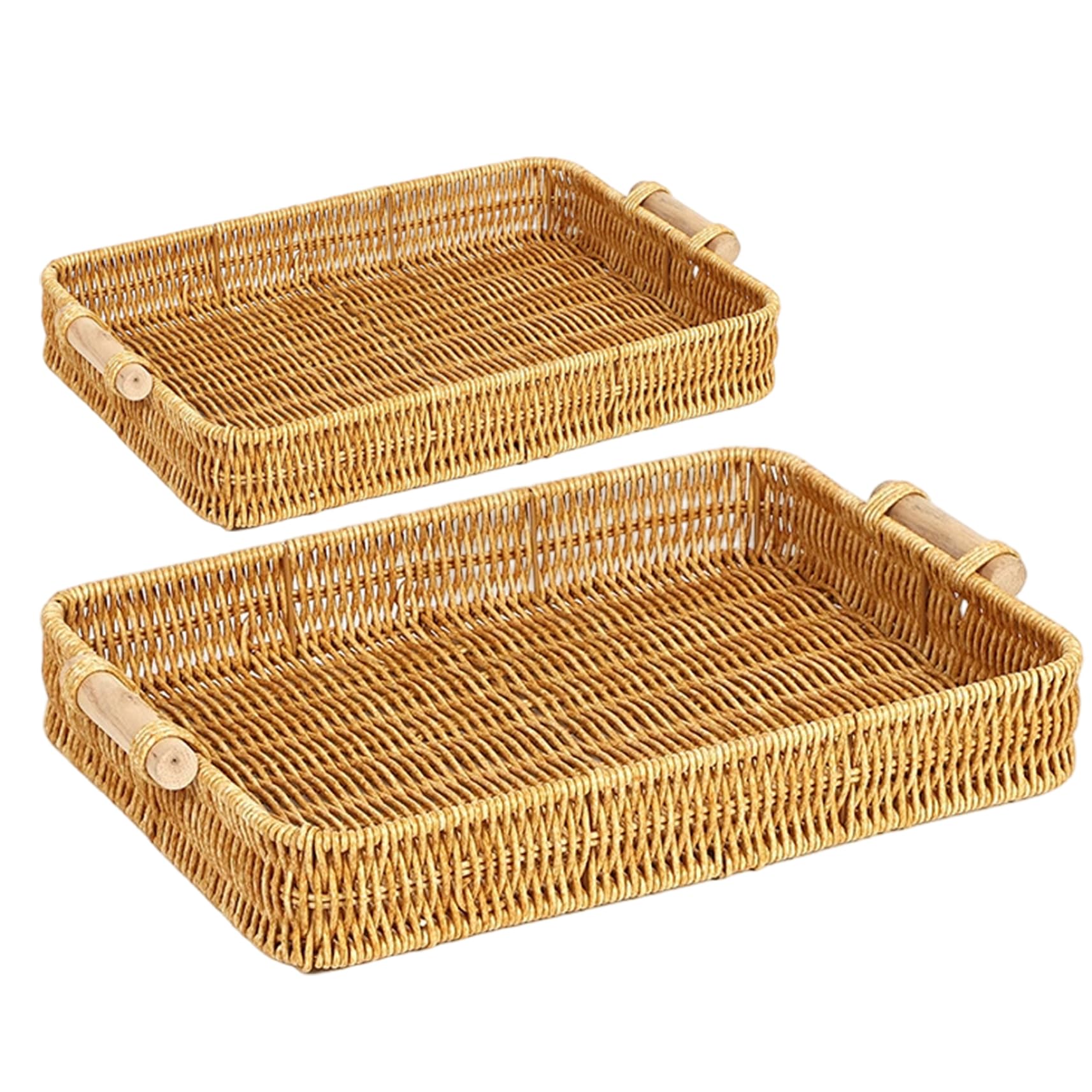 Hotainoys 2Pcs Rattan Tray Rectangular Wicker Tray With Handle Plastic Woven Flat Basket For Dining And Coffee Table Decor, Bread, Fruit, Snacks Rattan