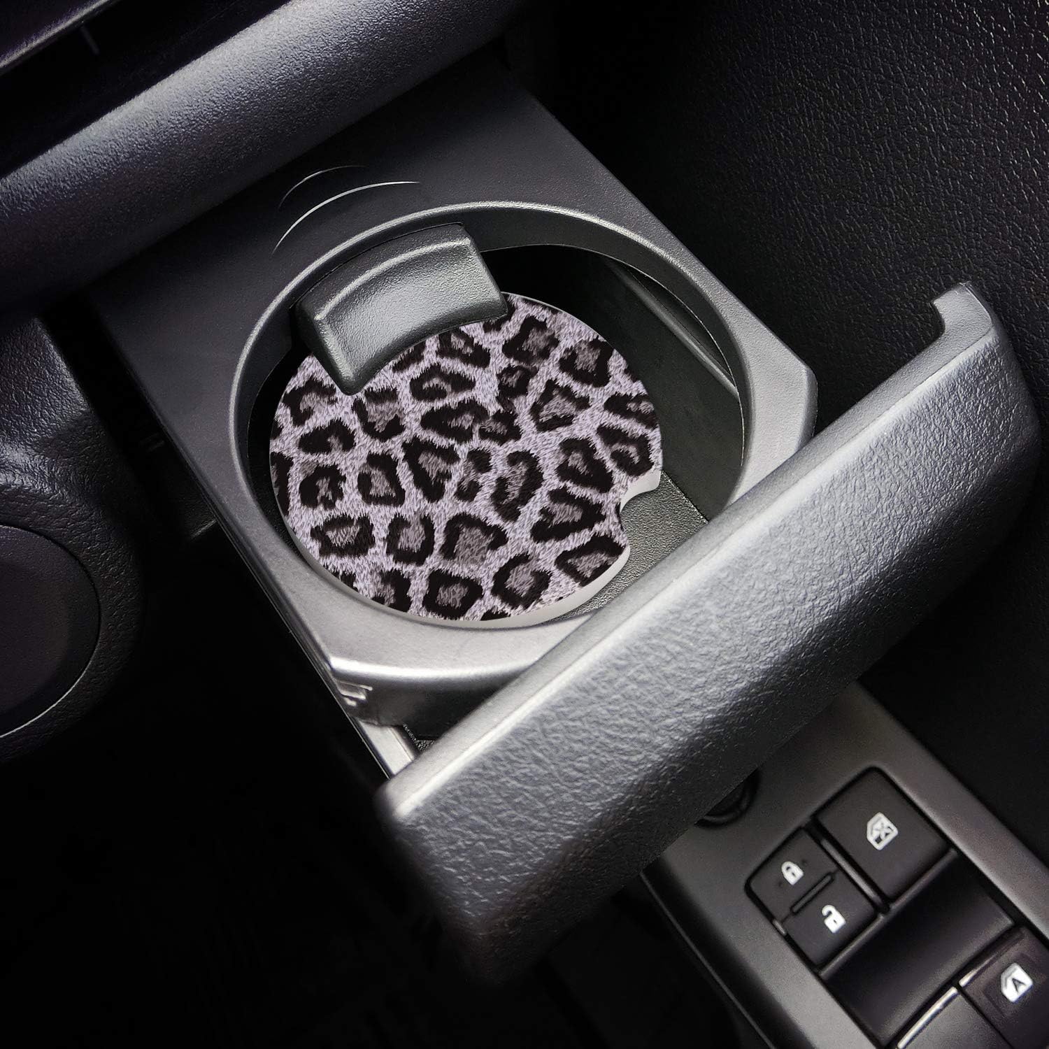 Car Drinks Coasters Set of 2 Pack Leopard Print Absorbent Ceramic Stone Black Grey White Coaster with A Finger Notch for Easy Removal from Auto Cupholder