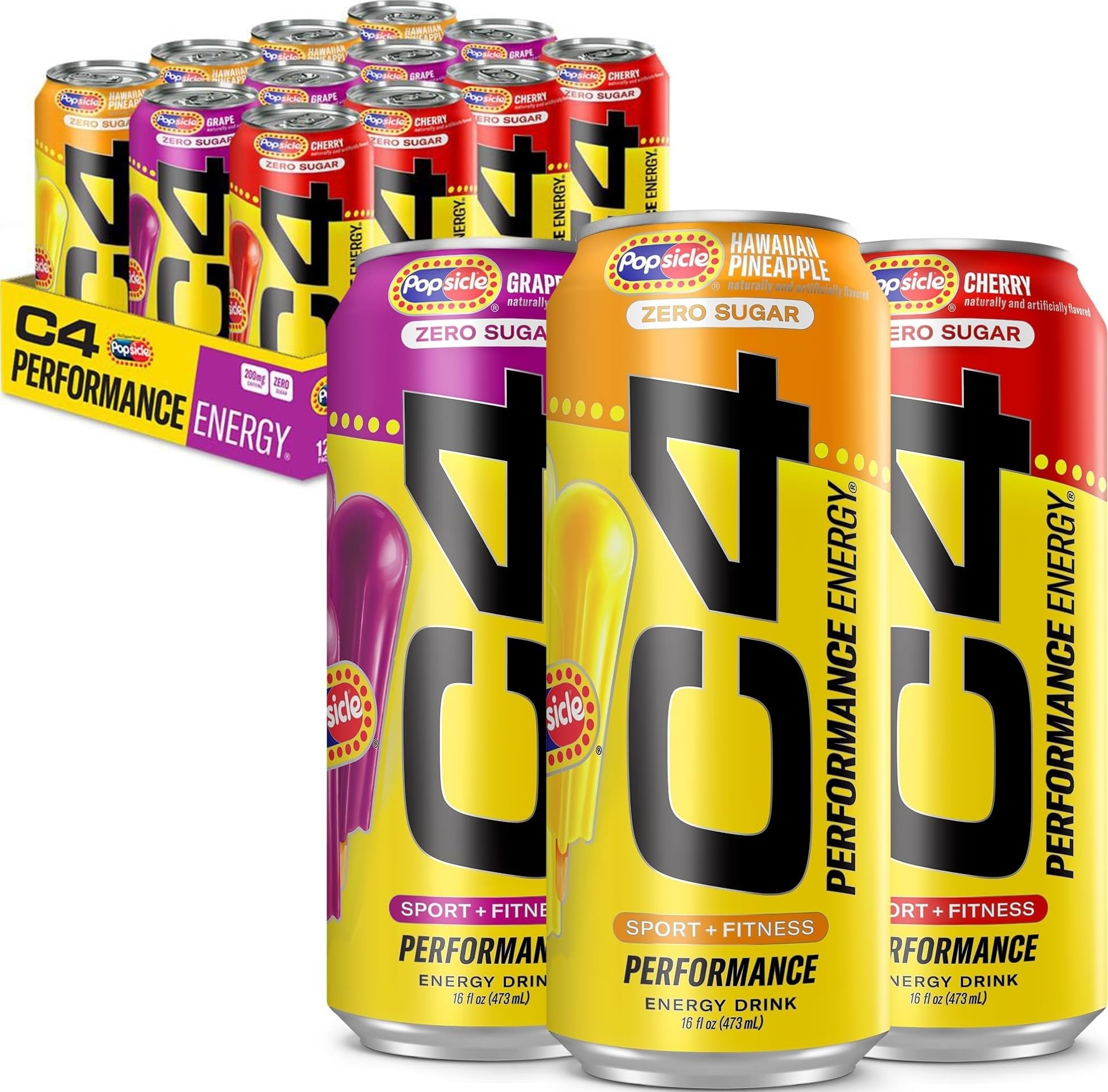 C4 Performance Energy Drink, Popsicle Variety Pack, 200mg Caffeine, 12pk | C4 popsicle variety pack with 200mg caffeine, beta-alanine & BetaPower betaine for explosive energy and performance. C4 POPSICLE™ Variety Pack 16 Fl Oz (Pack of 12)