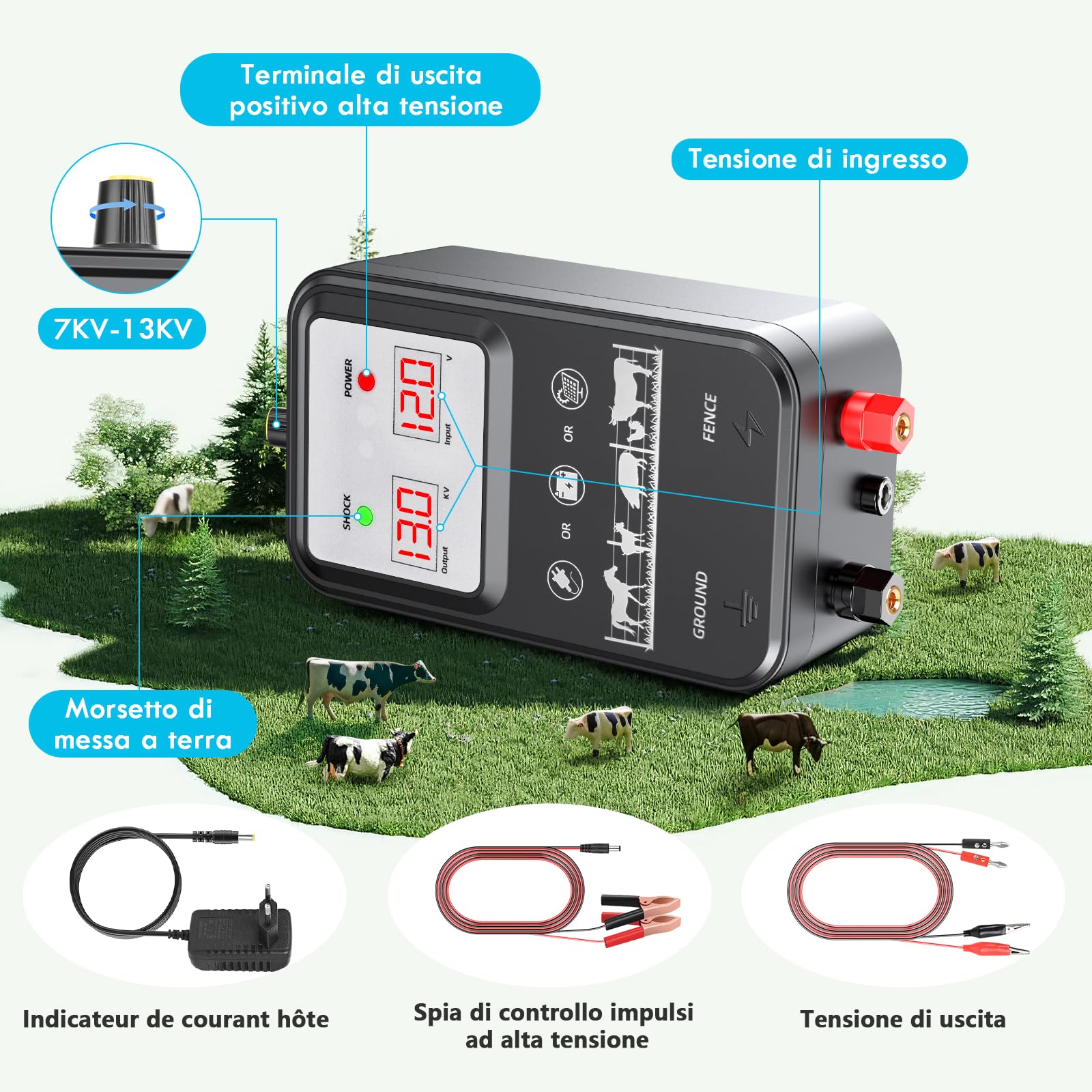 15KM Recinto Elettrico per Animali, 2J Elettrificatore per Recinzione Elettrica, Tensione regolabile 7-13KV Controllore di Impulsi ad Alta Tensione Sicuro Recinzione Elettrica per Pascolo