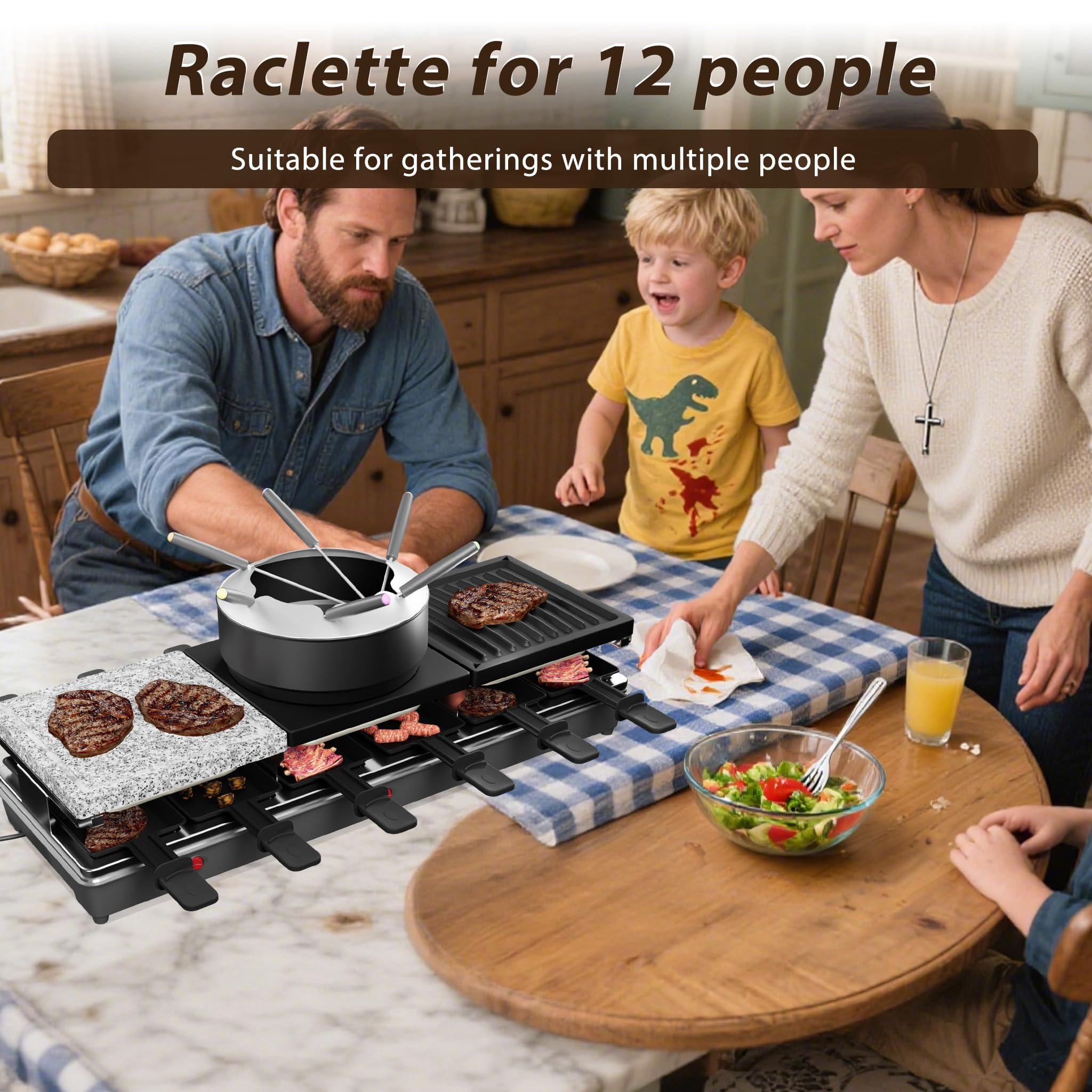 1650W Raclette Grill für 12 Personen Doppelstöckiger Tischgrill inkl. Antihaftbeschichtet, Steinplatte, Klein Tablettes, Holzspateln, Suppentopf & Kabel Edelstahl Elektrogrill für Party Camping