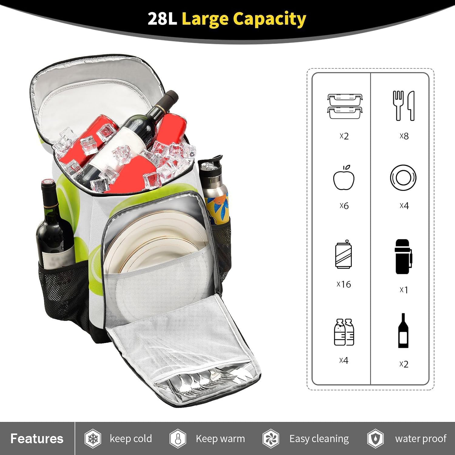 Tennis Balls Cooler Backpack 36 Cans Leakproof Waterproof Backpack Cooler Bag Beach Accessories Travel Camping Fishing Backpack for Women Men