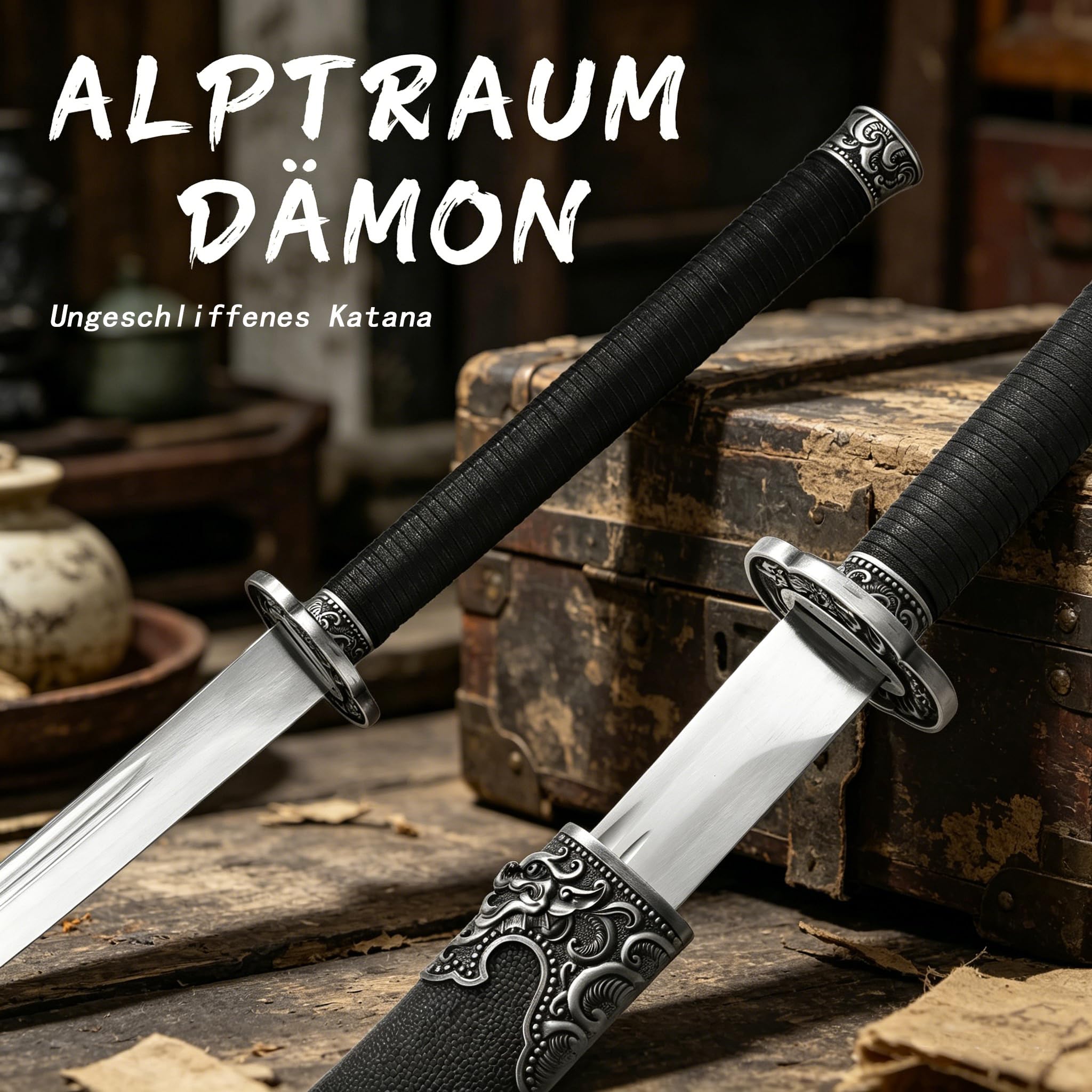 Katana Samuraischwert 104cm Nicht geschärft – Deko Schwert aus Edelstahl mit schwarzer Holzscheide, Japanisches Dekoschwert für Sammler, Cosplay, Anime Deko & Geschenk