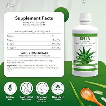 Bella all Natural Aloe Vera Juice 32 Fl Oz - Organic Aloe Vera Juice for Hair Growth, Skin, Stomach Health - Pure Aloe vera drink for Reducing Digestive Support, Glowing Skin.