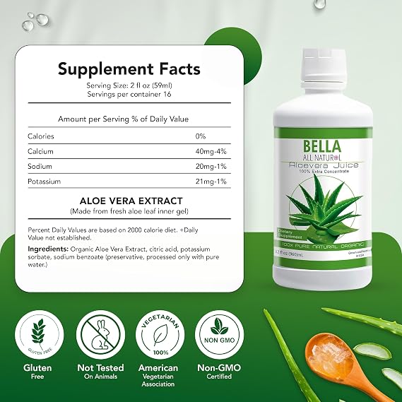 Bella all Natural Aloe Vera Juice 32 Fl Oz - Organic Aloe Vera Juice for Hair Growth, Skin, Stomach Health - Pure Aloe vera drink for Reducing Digestive Support, Glowing Skin.