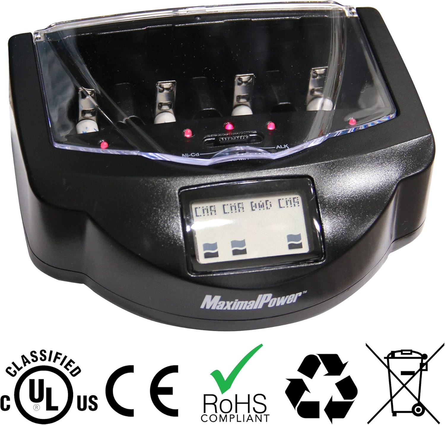 Certifications for the MaximalPower FC999 charger including UL, CE, RoHS, and recycling symbols