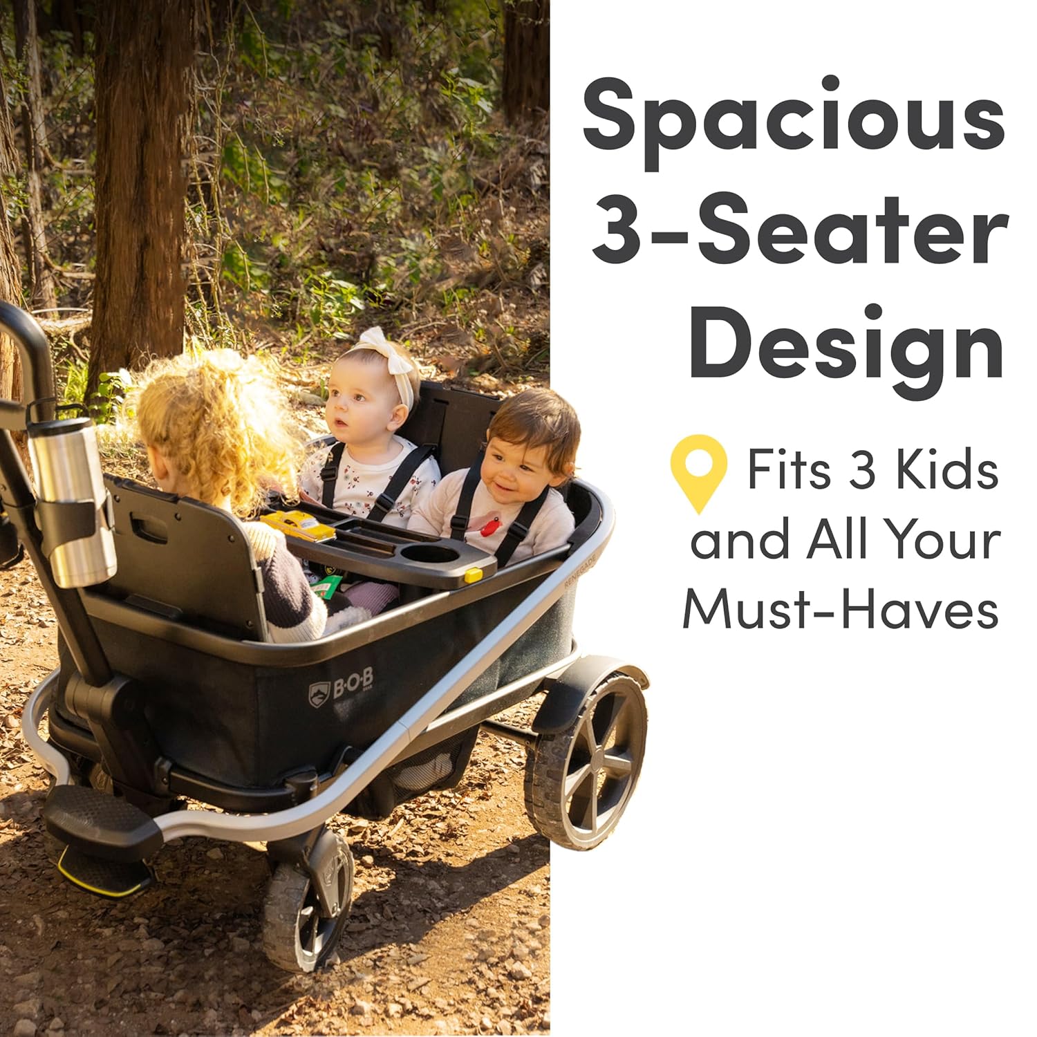 BOB Gear Renegade Foldable Stroller Wagon with 3 Seats, 5-Point Harness System, All-Terrain Tires, and Push and Pull Handle, Nightfall