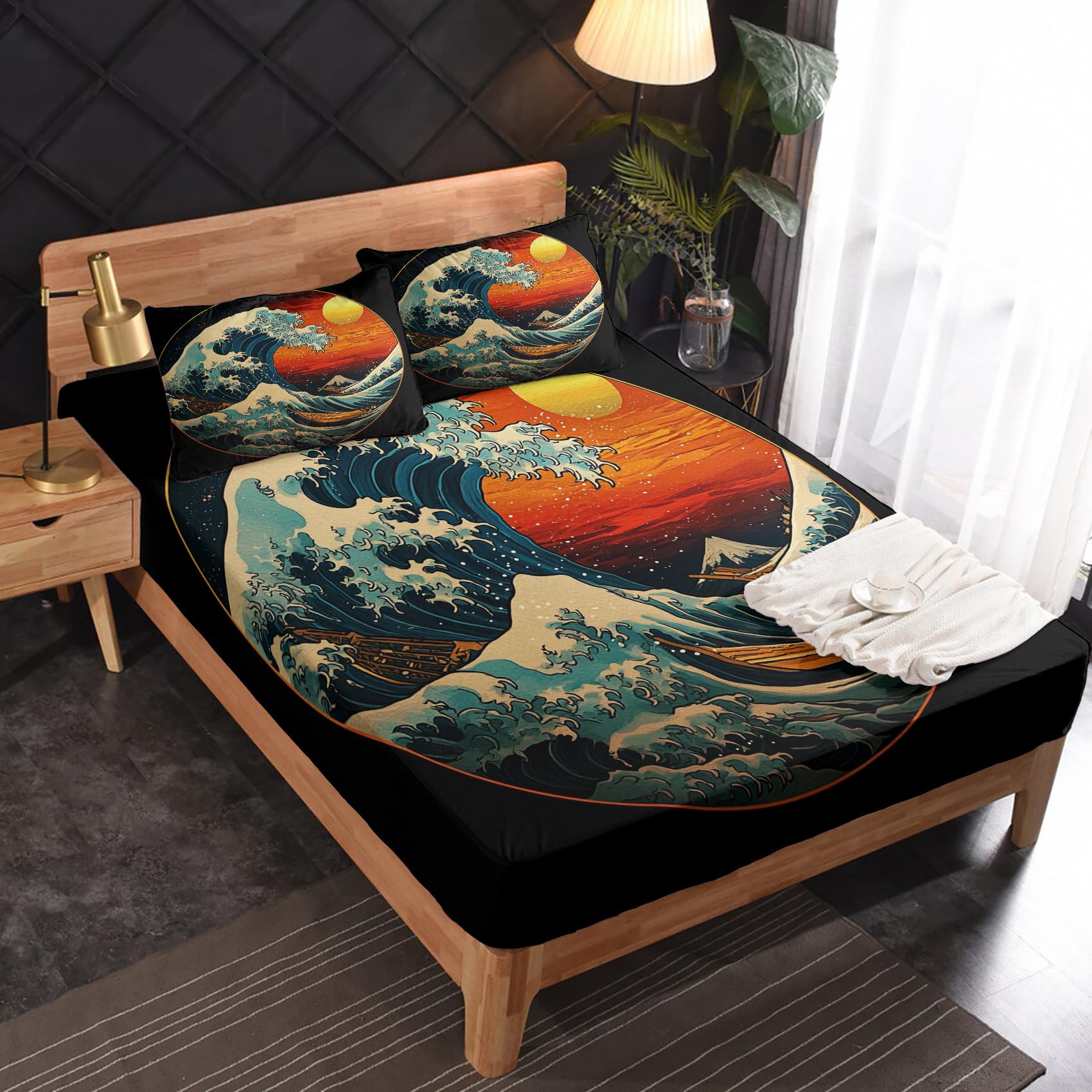 Zvynqour - Japanese Style King Size Bed Sheet Set - Ocean Wave Print Sheet Set - 16 Inch Deep Pocket Bedding 4 Pieces Ukiyo-e Bedroom Decor