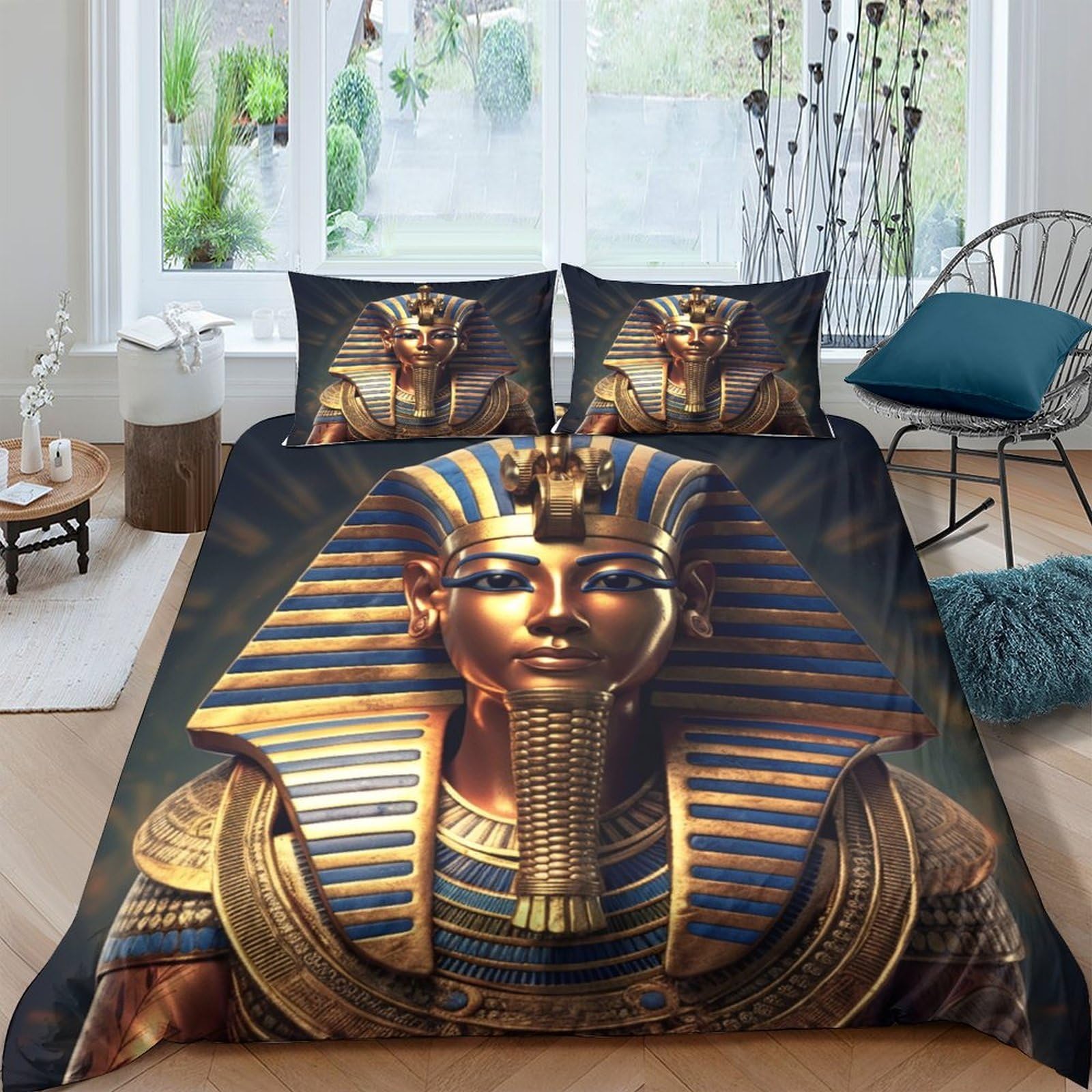 Ctjqhvkz Style-8 3D Printed Pharaoh Egyptian Fitted Sheet Microfiber Soft Golden Mask Mattress Cover For Bedroom Dorm Decorative Bedding Single（135X200cm）