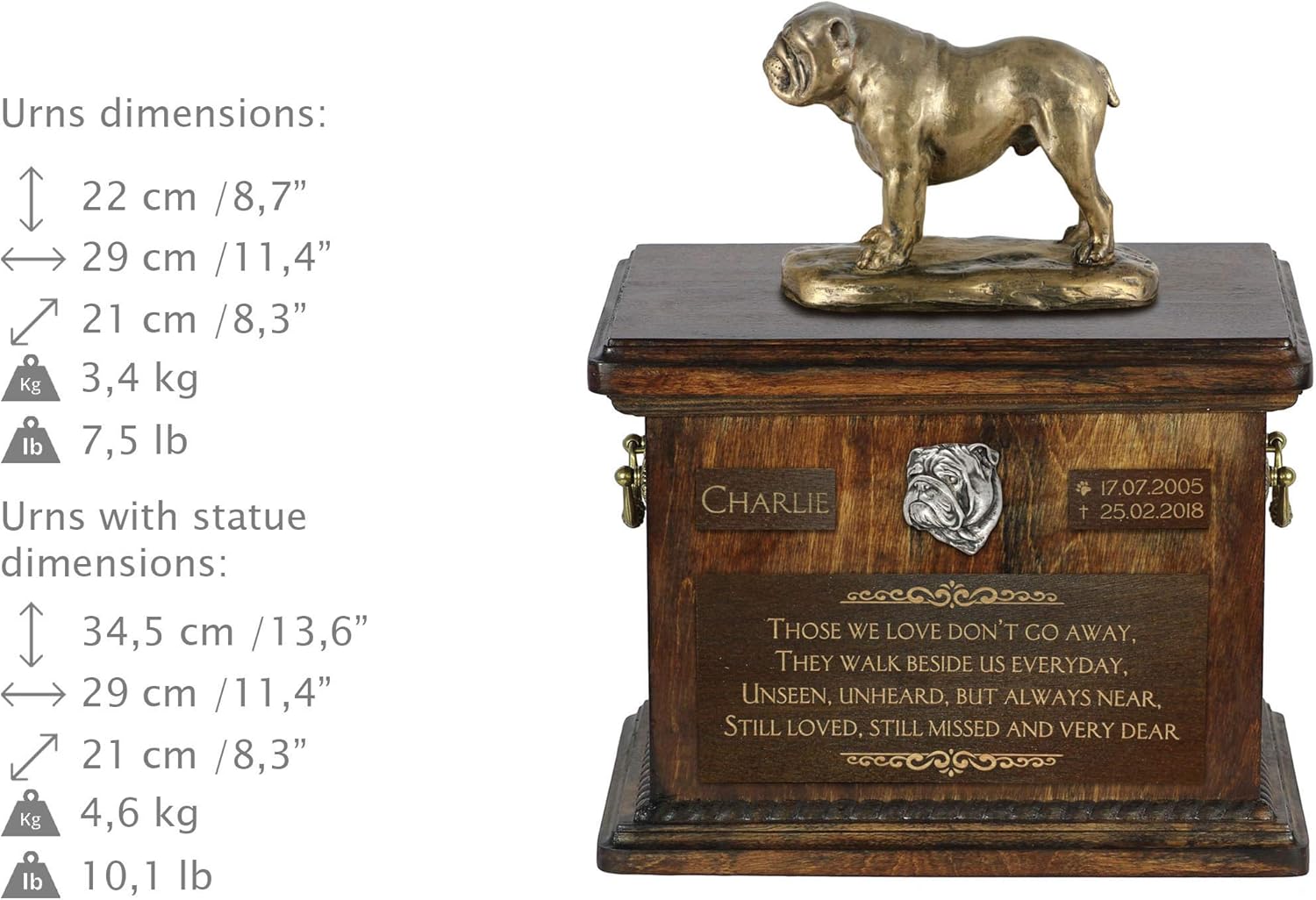 Art-Dog Custom Dog Sitting Statue Memorial Urn - Handmade Cold Cast Bronze on Birch Base – Sturdy and Stylish Urn for Dog’s Ashes – 8.3x11.4x8.7 – 5l – English Bulldog VII