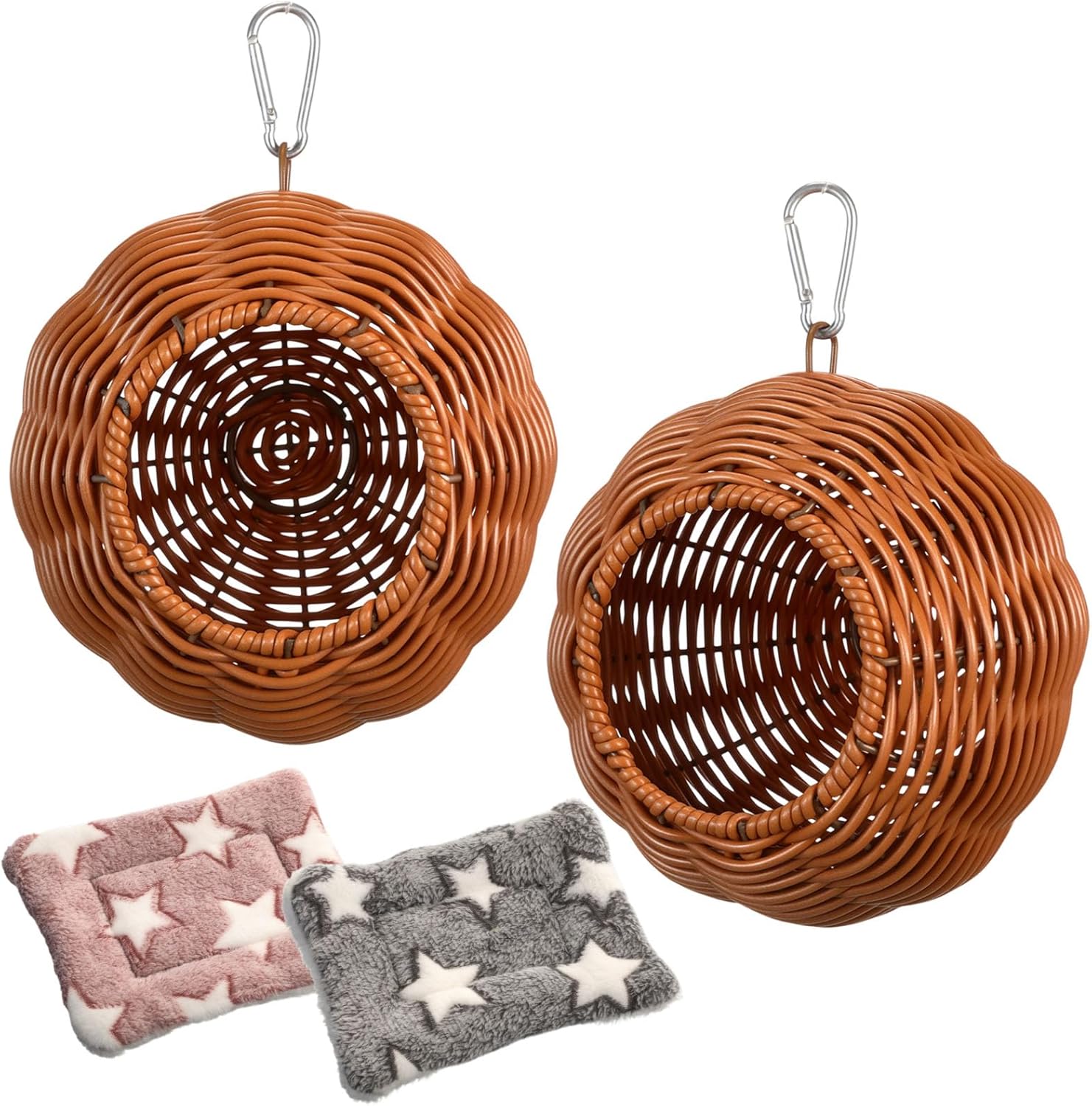 Junkin 2 Pcs Chewproof Steel Frame Bird Nest for Cage, Rattan Washable Small Bird Bed with Plush Pad, Hammock Hideout Lay Eggs Parakeet Nest Sleep, Warm Bed House Hut for Lovebird Canary Budgie