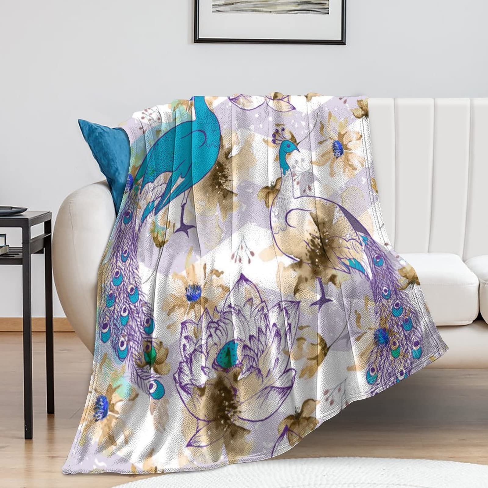 Plaid en flanelle paon ultra moelleux et léger pour grand canapé et lit