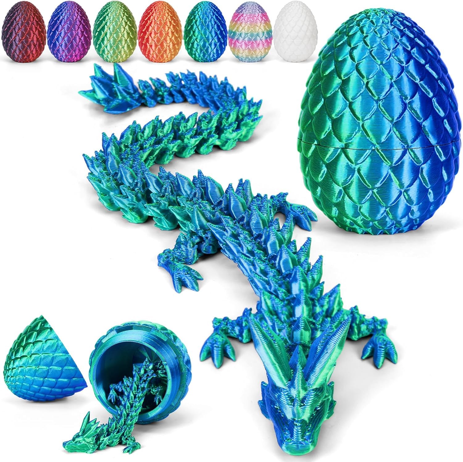 3D Printed Dragon Egg with Dragon (30cm) Inside, 3D Printed Articulated Crystal Animals Easter Toys & Decor, Unique Easter Gift for Kids, Teens, Adults, Collectors, Laser Dark Green-image-1