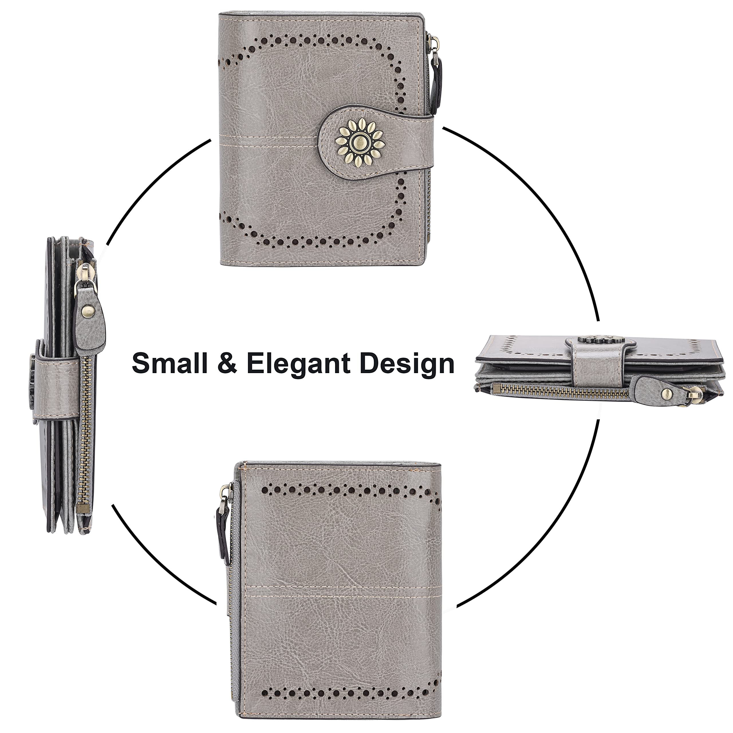 Lavemi - Cartera de Piel para Mujer con Bloqueo RFID pequeño Plegable para Tarjetas de crédito con Bolsillo con Cremallera para Ventana de identificación - Gris - Talla única