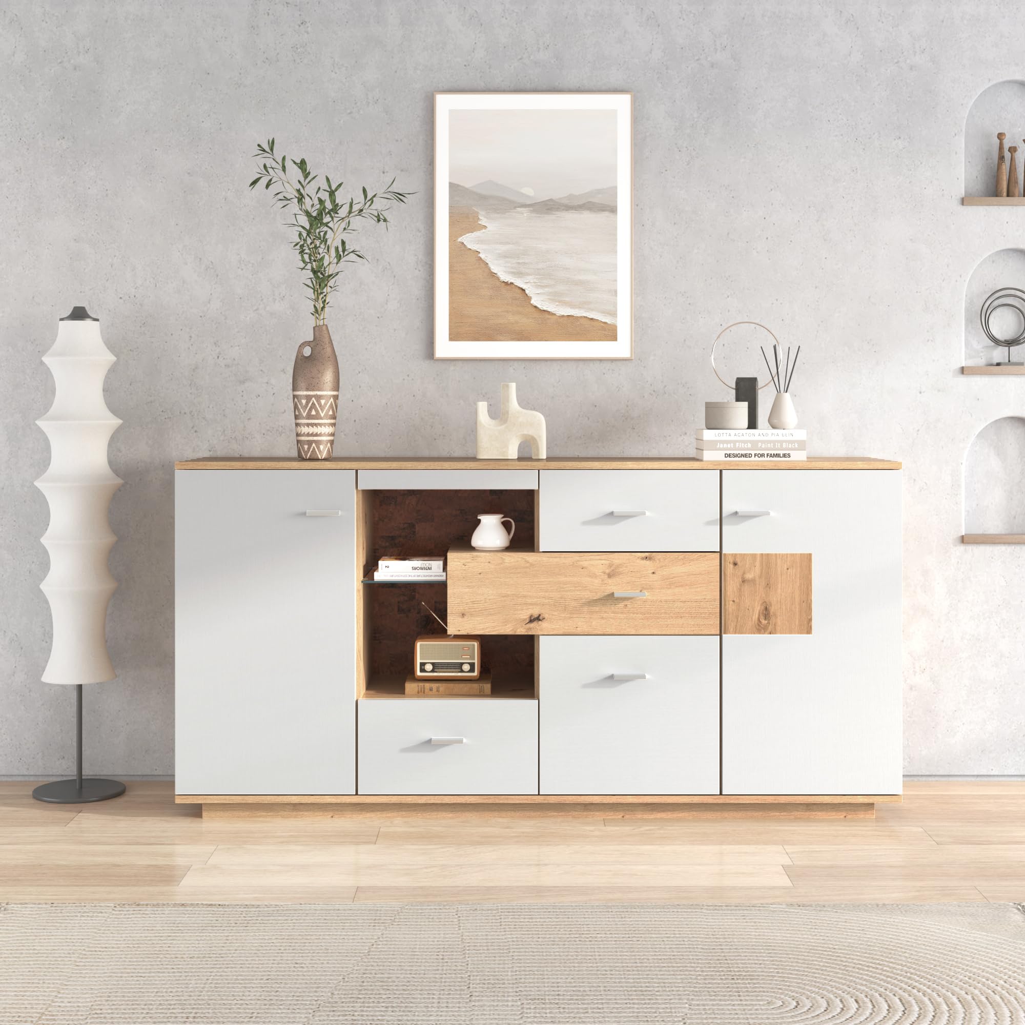 Credenza Soggiorno HOMCOM 140x35x75cm - 3 Cassetti, 2 Ante, Soft-Close, Legno E Nero - Foto 6