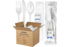 (100 Pack) Individually Wrapped Plastic Cutlery Pack with Napkin and Salt/Pepper Packets - White