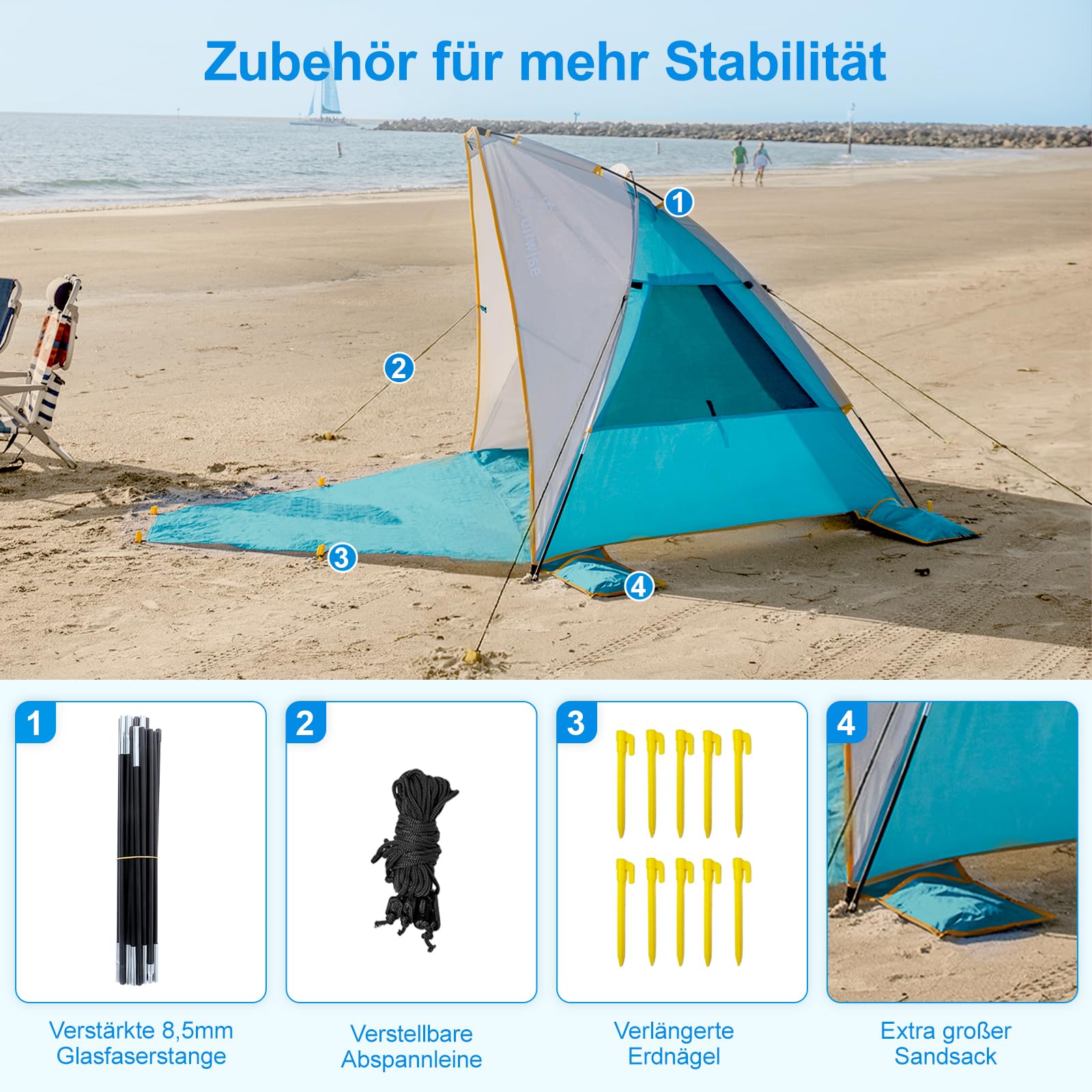 Wolfwise Strandmuschel mit UV-Schutz 50+, 2-3 Personen Strandzelt, Sonnenschutz und Windschutz mit erweiterbarem Boden, Zelt Tragbar für Familie Camping Garten, 210 x115x125 cm (83 x45x49 IN), Blau