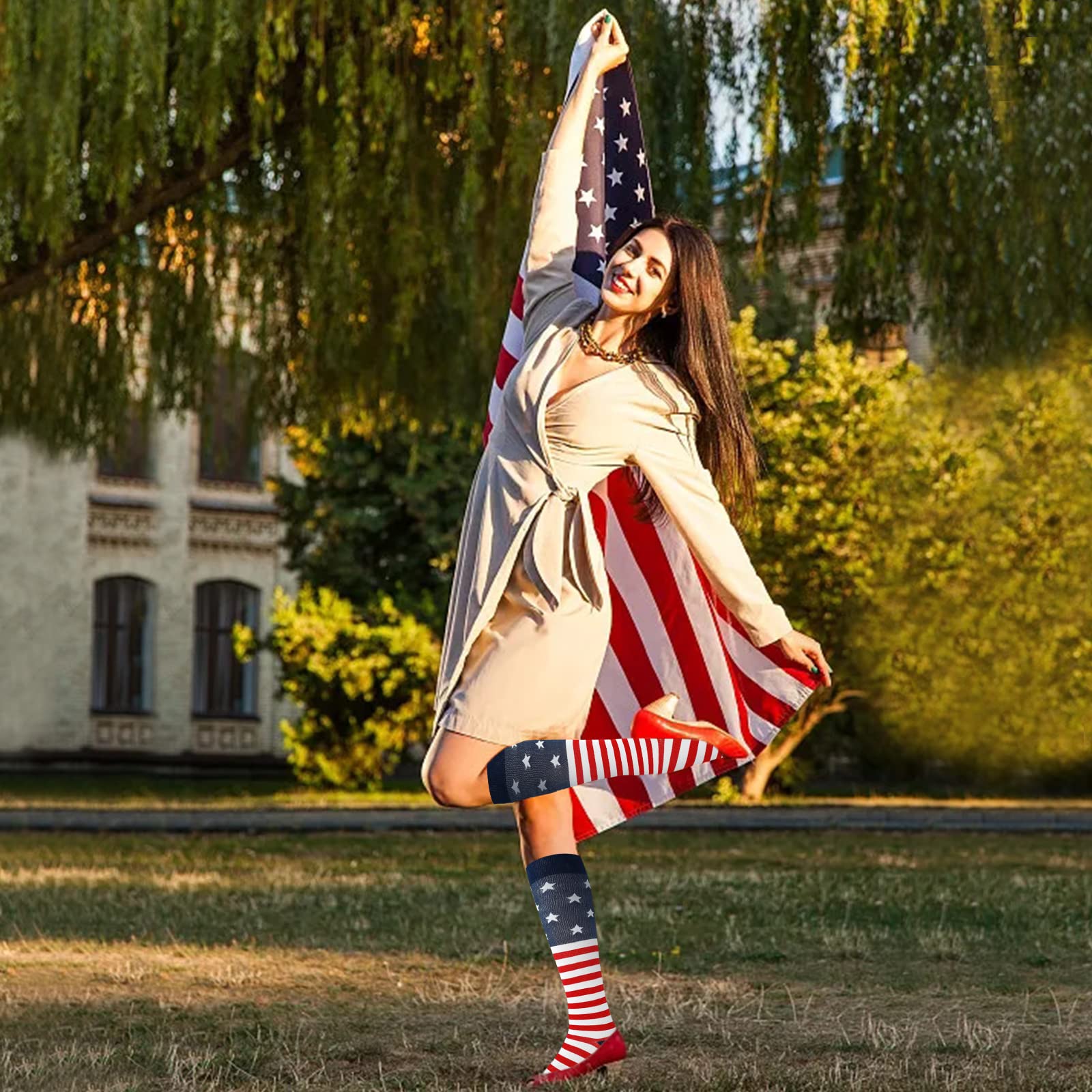 Junely Compression Socks for Women American flag Knee High Stockings for 4th of July Running Nurses Support Travel Pregnancy Gifts Red White Blue
