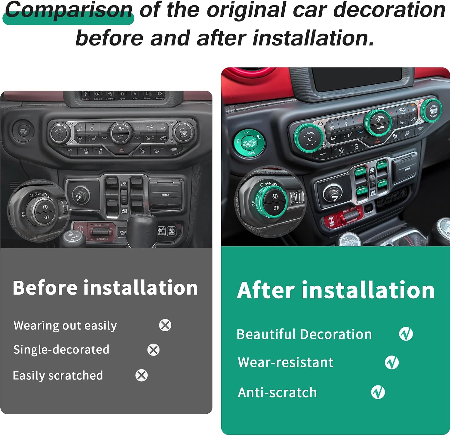 for 2024-2026 Jeep Wrangler JL JLU & 2024-2026 Gladiator JT Accessories, 12PCS Aluminum Knob & Button Cover Set for Power Window Switch, Push Start, AC, Volume, Headlight & Air Vent, Green