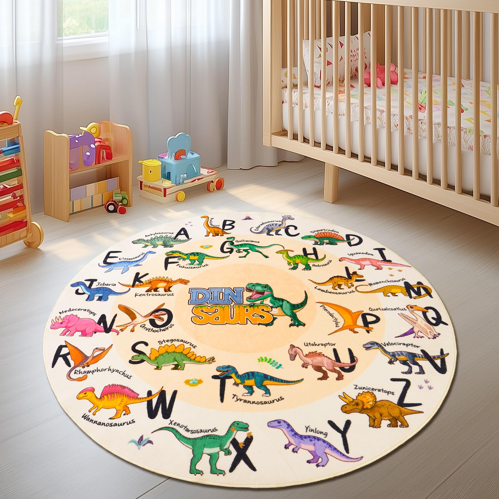 GthreeD Round Kids Play Rug Dinosaurs Round 120 cm Soft & Non-Slip Soft Crawling Play Mat for Children Toddlers Bedroom Playing and Learning,Washable Classroom Rug - Image 2