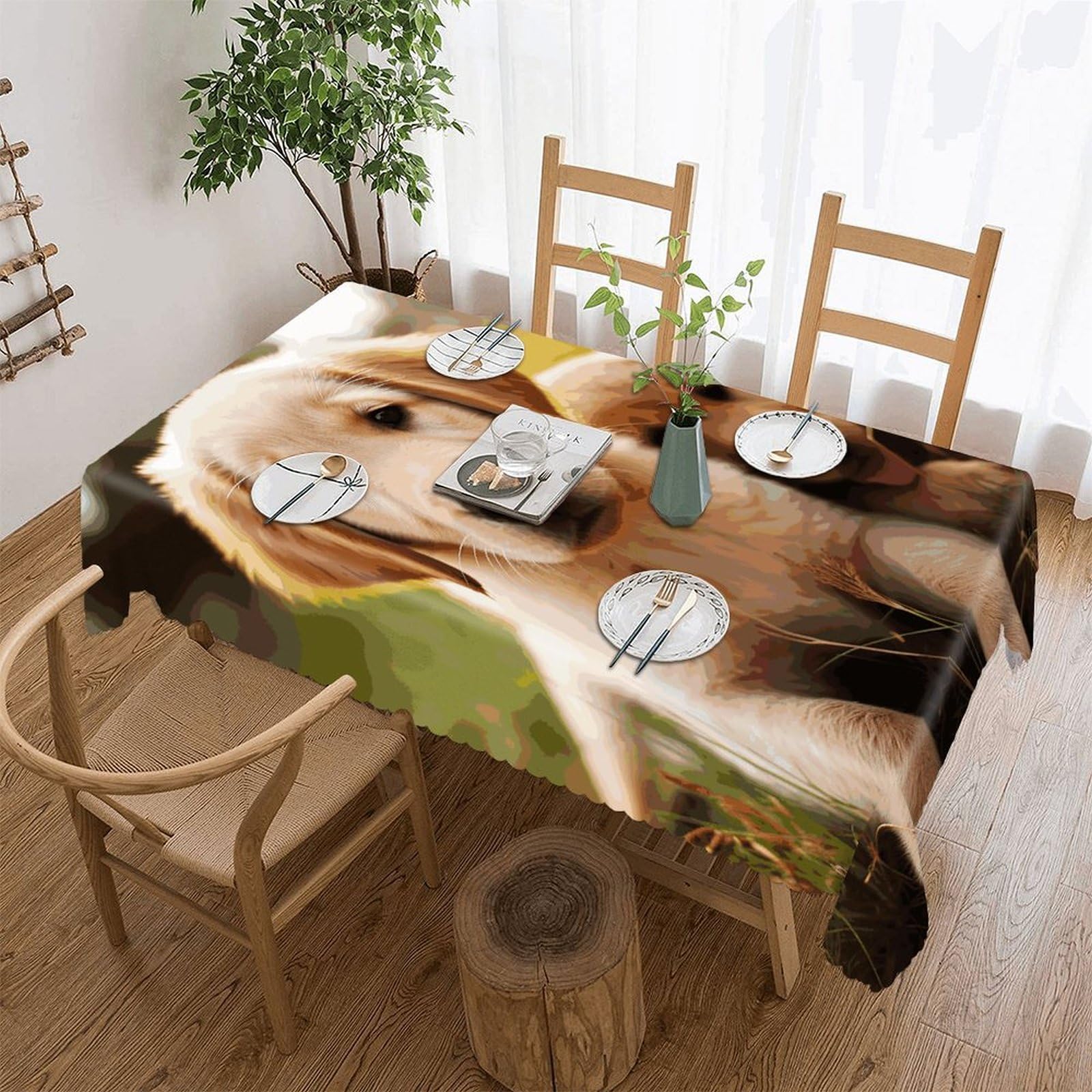 MUSM Rectangular Cute Golden Retriever Puppy Tablecloths Waterproof Heavy Duty Polyester Table Cloth Wrinkle Resistant Anti-Shrink Soft Tables Cover Premium Decorative Fabric Tablecover